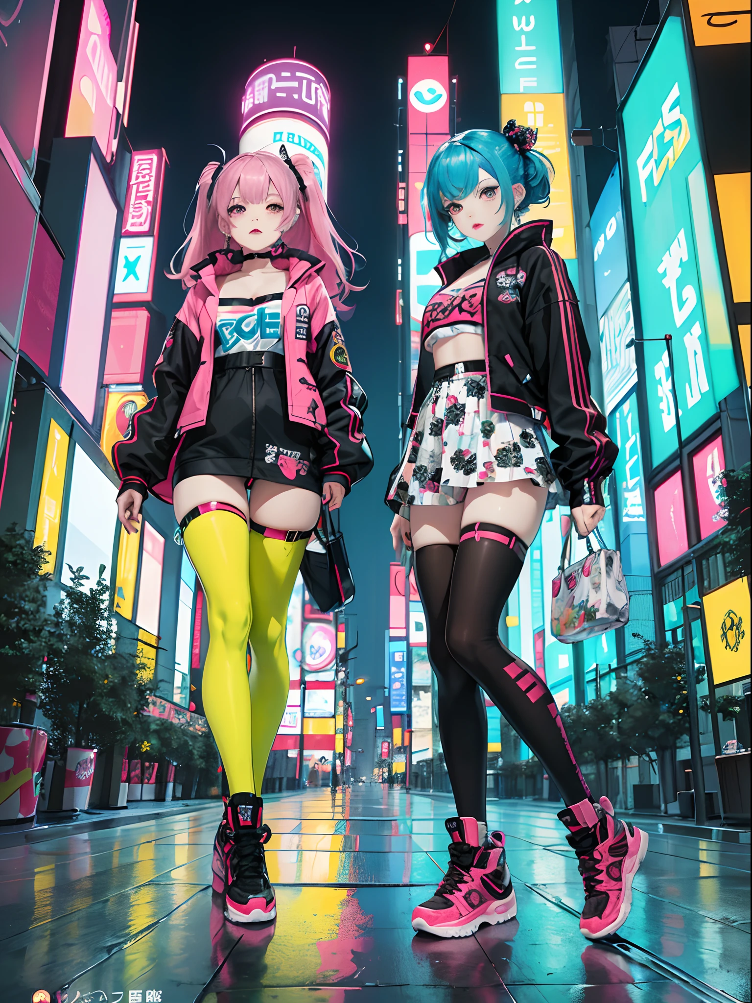 An anime illustration of 2 girls, confident cyberpunk girls with sassy expression, ((Harajuku-inspired pop outfit and tech jacket)), bold colors and patterns, eye-catching accessories, trendy and innovative hairstyle, vibrant makeup, ((dynamic pose)), futuristic dazzling Cyberpunk cityscape, skyscrapers, neon signs, glowing LED lights, bright and vivid color scheme, anime, illustration, (beautiful detailed face), intricate details, ultra detailed.