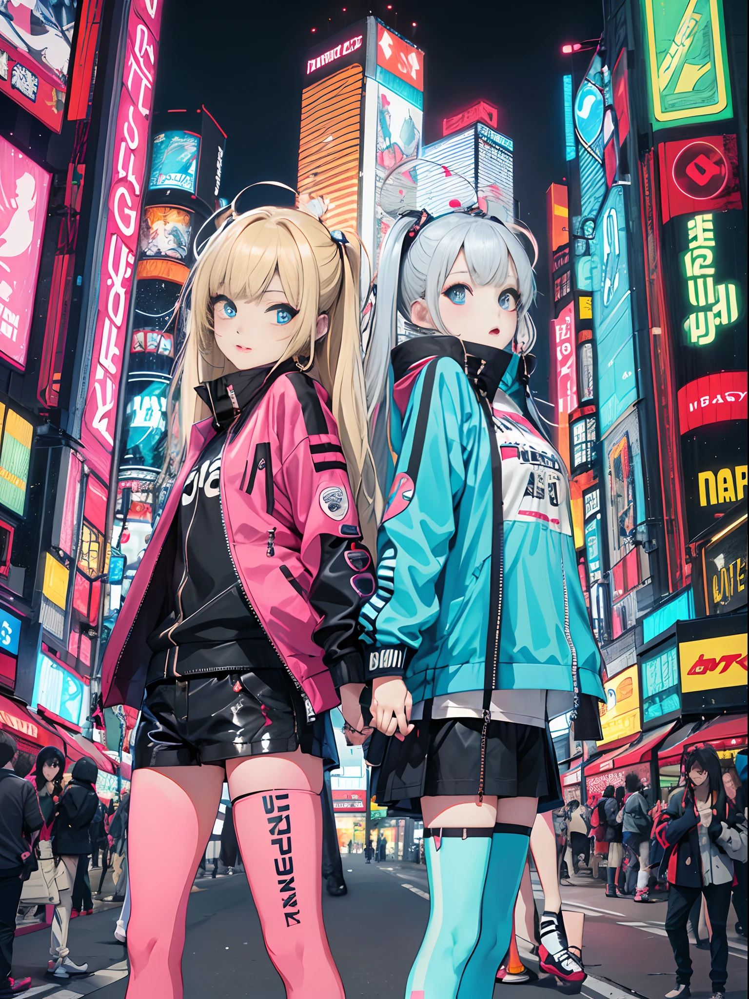 An anime illustration of 2 girls, confident cyberpunk girls with sassy expression, ((Harajuku-inspired pop outfit and tech jacket)), bold colors and patterns, eye-catching accessories, trendy and innovative hairstyle, vibrant makeup, ((dynamic pose)), futuristic dazzling Cyberpunk cityscape, skyscrapers, neon signs, glowing LED lights, bright and vivid color scheme, anime, illustration, (beautiful detailed face), intricate details, ultra detailed.