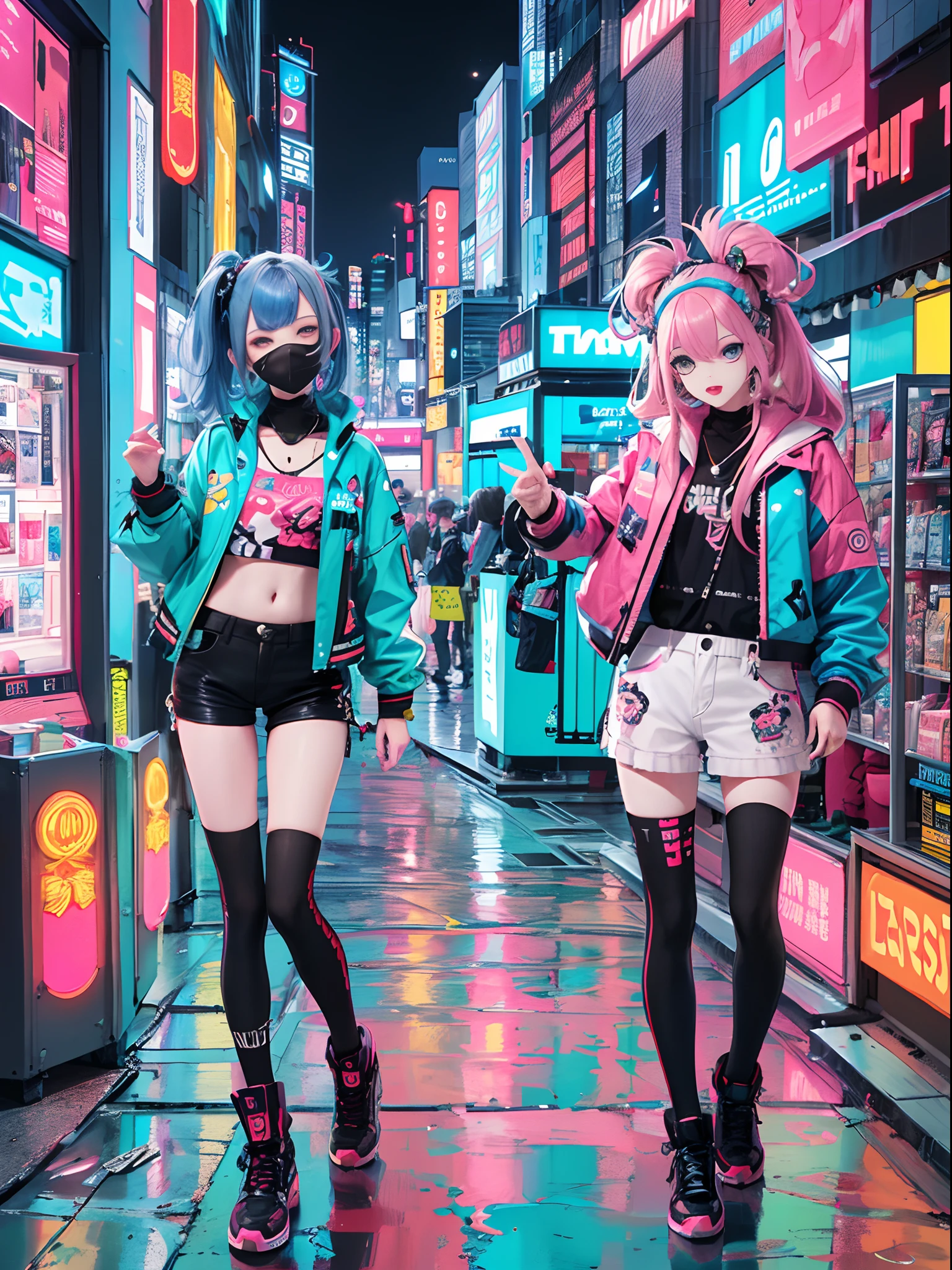 An anime illustration of 2 girls, confident cyberpunk girls with sassy expression, ((Harajuku-inspired pop outfit and tech jacket)), bold colors and patterns, eye-catching accessories, trendy and innovative hairstyle, vibrant makeup, ((dynamic pose)), futuristic dazzling Cyberpunk cityscape, skyscrapers, neon signs, glowing LED lights, bright and vivid color scheme, anime, illustration, (beautiful detailed face), intricate details, ultra detailed.