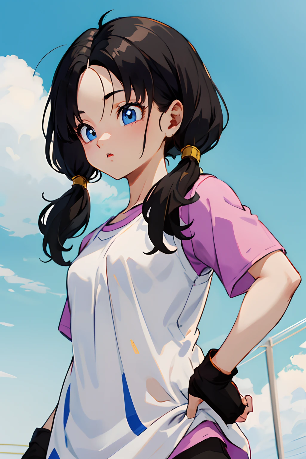 obra maestra, mejor calidad, highres, videl2, solo, ojos azules, cabello negro, twintails, pechos medianos, cowboy shot,entrenamiento, videl waifu, mujer hermosa, ojos hermosos,ojos brillantes, ojos realistas,