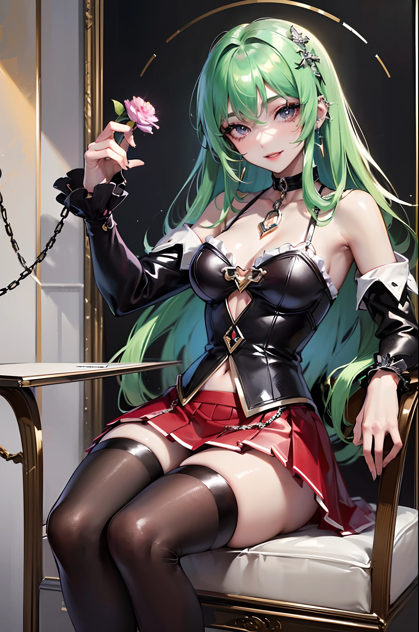 (Finest quality)),(超A high resolution),(ultra-detailliert),(Meticulous portrayal),((Best Anime)),(Finest works of art),sharpnes,Clair,Ultra-Precision Art,The art of astounding depiction, ((seducting smile)),((Stylish fashion)),a choker,Chain Accessories,piercings,Skirt with deep slit, Stylish design chair:1.3