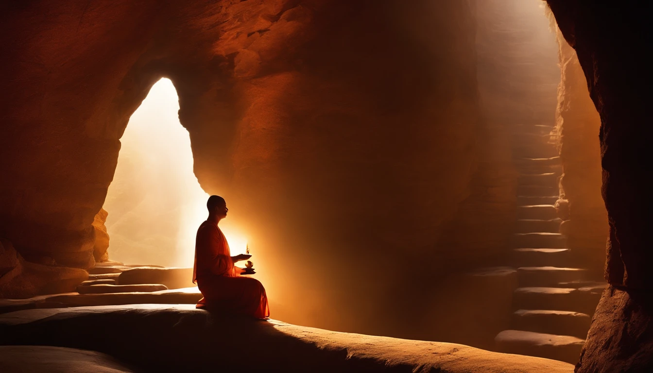 Homem sentado em uma caverna com uma vela acesa, hindu stages of meditation, monge meditar, Um meditativo, Mystical Temple, orar meditando, Monge Budista meditando, Bright temple in the distance, flutuando em um poderoso estado zen, budismo, Um meditativo, Budista, Em uma caverna com uma cachoeira, Mystical setting, Underground monasteries, mysterious temple setting,Wedding Hunt,mulher presa