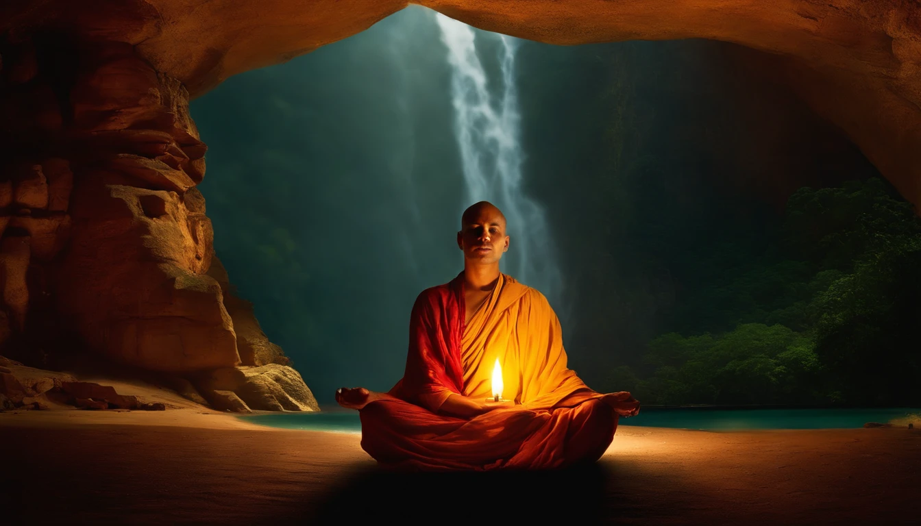 Man sitting in a cave with a candle lit, hindu stages of meditation, monk meditate, A meditative, Mystical temple, praying meditating, buddhist monk meditating, glowing temple in distance, floating in a powerful zen state, buddhism, A meditative, budista, In a cave with a waterfall, mystical setting, Underground monasteries, mysterious temple setting,Marriage hunting,prety woman