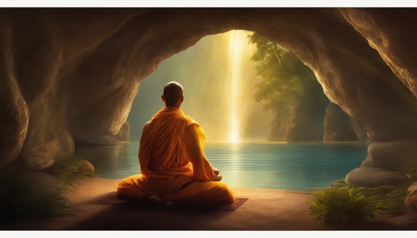 Man sitting in a cave with a candle lit, hindu stages of meditation, monk meditate, A meditative, Mystical temple, praying meditating, buddhist monk meditating, glowing temple in distance, floating in a powerful zen state, buddhism, A meditative, budista, In a cave with a waterfall, mystical setting, Underground monasteries, mysterious temple setting,Marriage hunting,prety woman