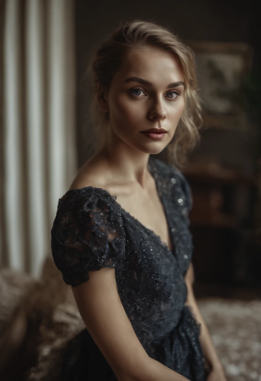 Beautiful woman in black dress with elegant and cool style, stand, high quality, light reflection