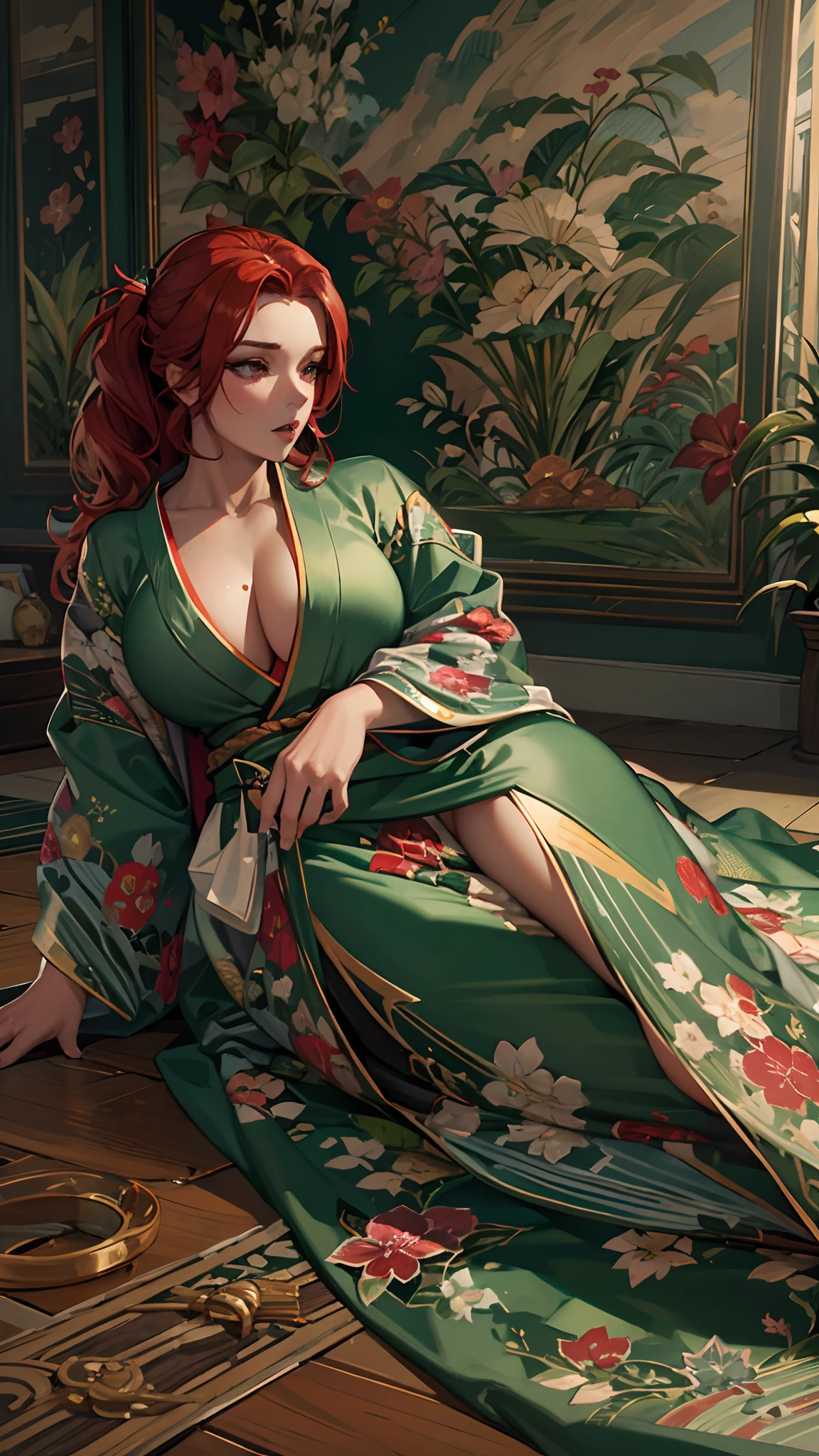 Massive and gigantic scarlet redhead lady sweet female and prettest face and gorgeous muscle  bodybuilder and curvy with thick abs and  wearing green dress and  kimono and lying on floor  highly detailed and super hyperrealsim photorealistic high quality graphic and 8k