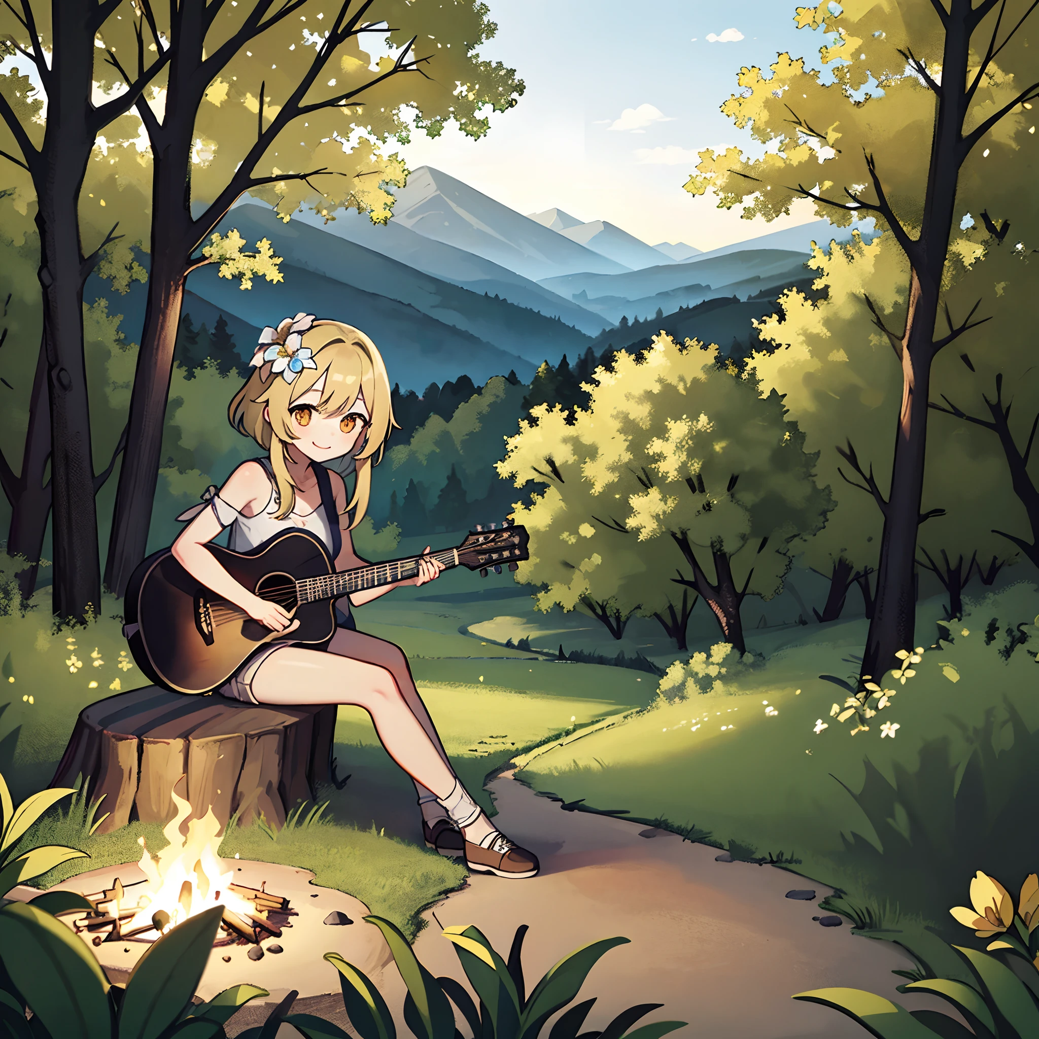 lumine playing an acoustic guitar, forest, trees, smile, mountains, sitting on a log, bonfire, night, (flower hair ornament)