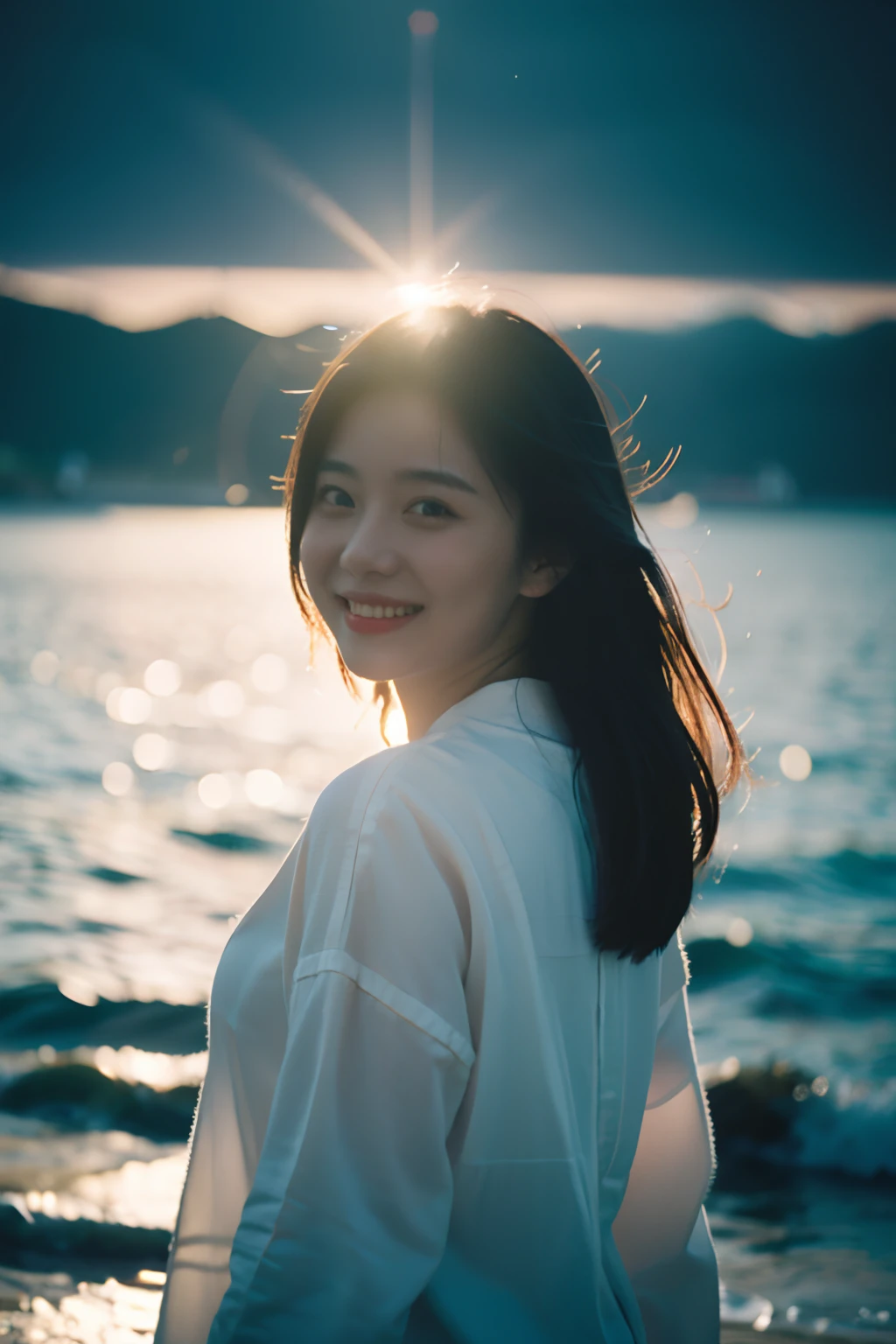 Best Quality,Masterpiece,Ultra High Resolution,(Realisticity:1.4),Original Photo,Cinematic Lighting,
1Girl,smile,backlighting,ocean,