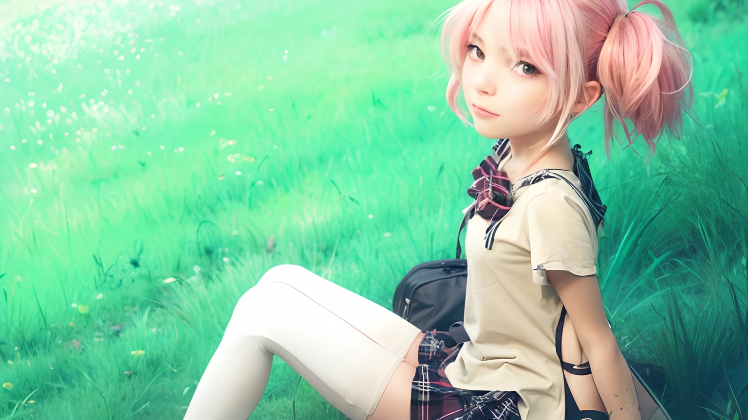 girl sitting on a rock in a field of grass, the girl is crouching, american girl, pink hair
