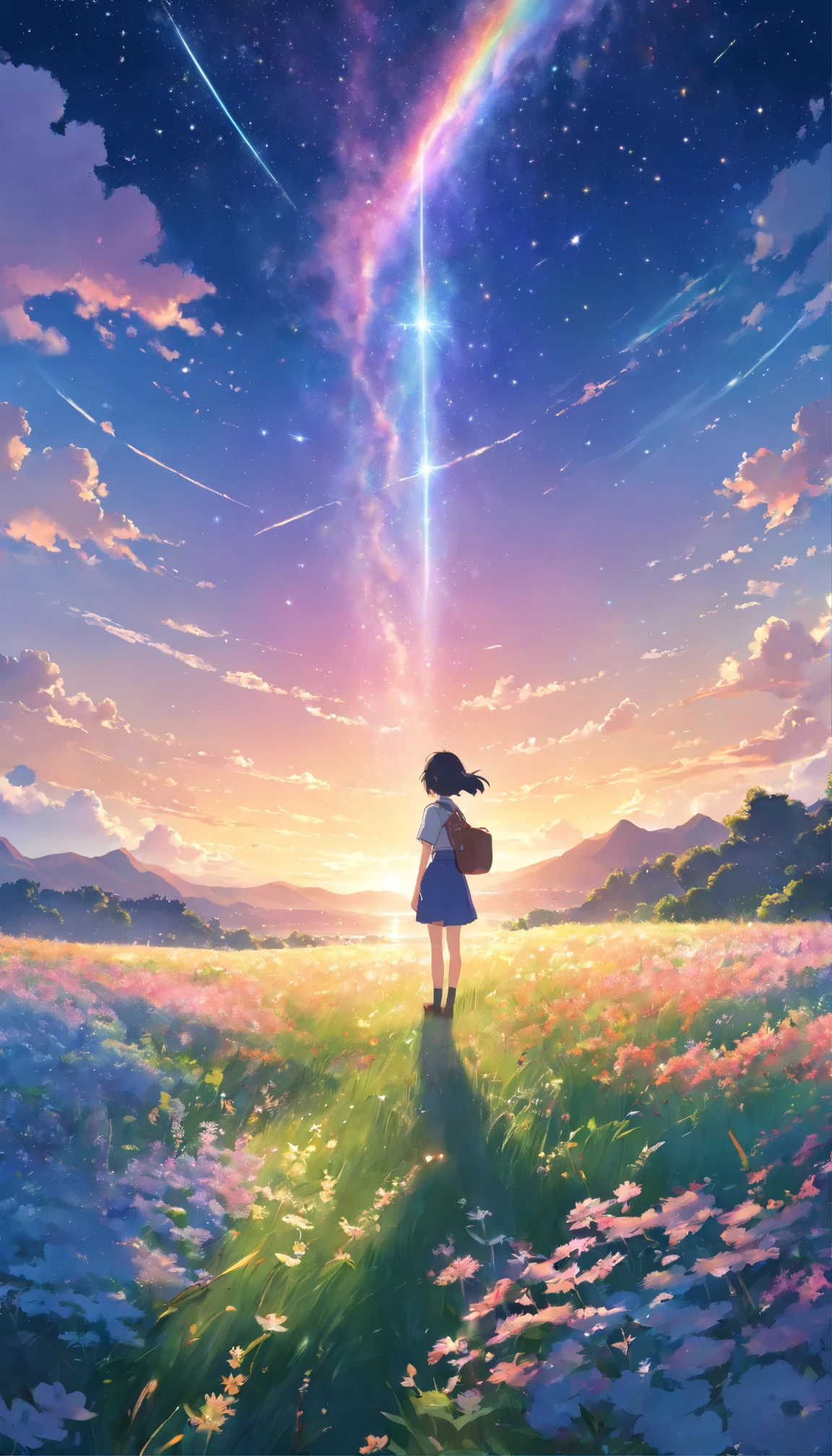 A girl standing in a field looking at a rainbow - SeaArt AI