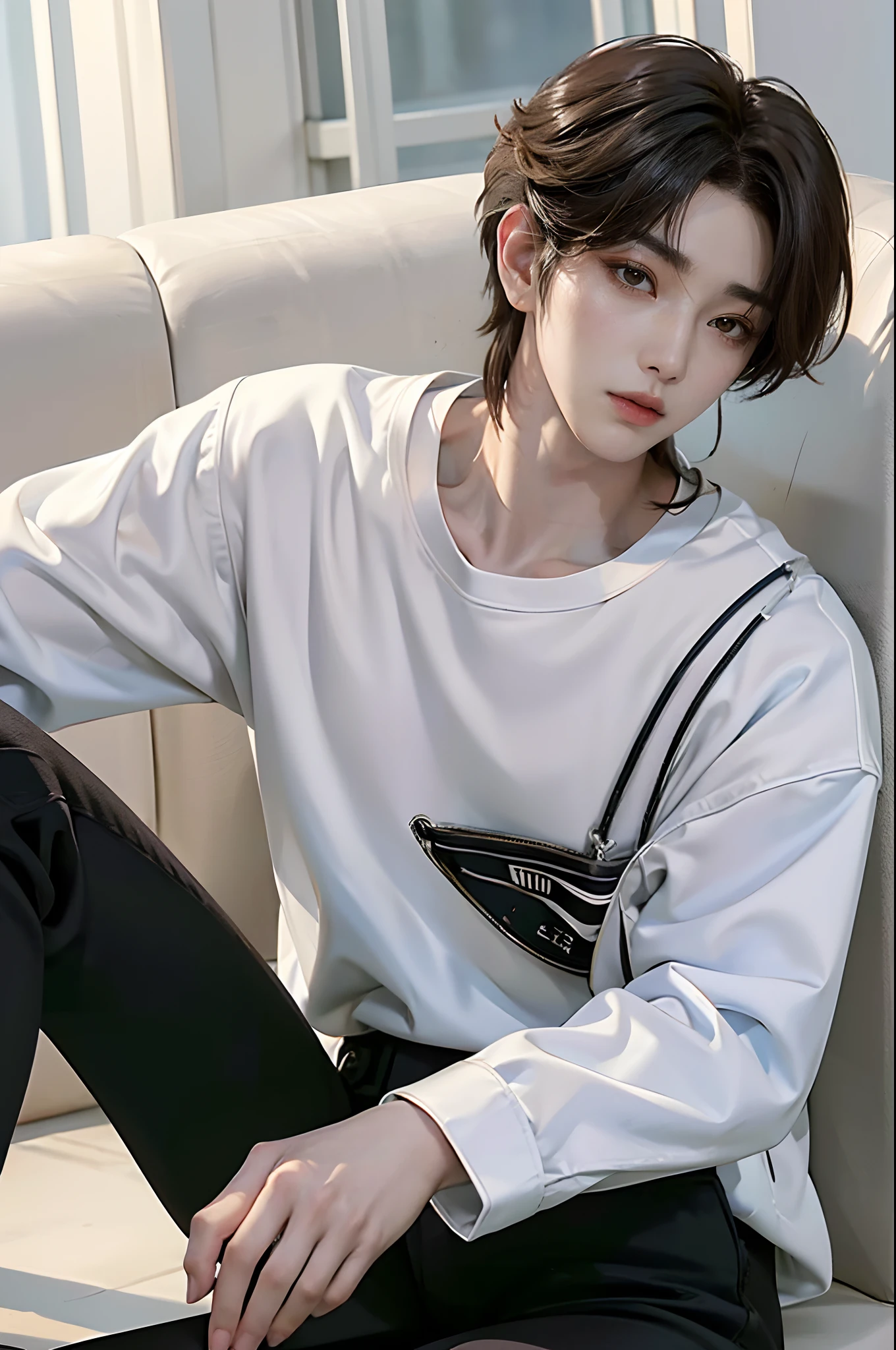 ​masterpiece、（top-quality)、((high-level image quality))、One Manly Boy、Slim body、((White Y-shirt and long black pants))、(Detailed beautiful eyes)、September Night Road、sitting on a curb、Face similar to Chaewon in Ruseraphim、((short hair above the ears))、((Smaller face))、((Neutral face))、((Light brown eyes))、((Korean boy))、((18year old))、((Handsome man))、((Wild look))、((Korean Makeup))、((elongated and sharp eyes))、((Sit next to the viewer))、((shot from a side angle))、((The upper part of the body))、((Close-range shooting))