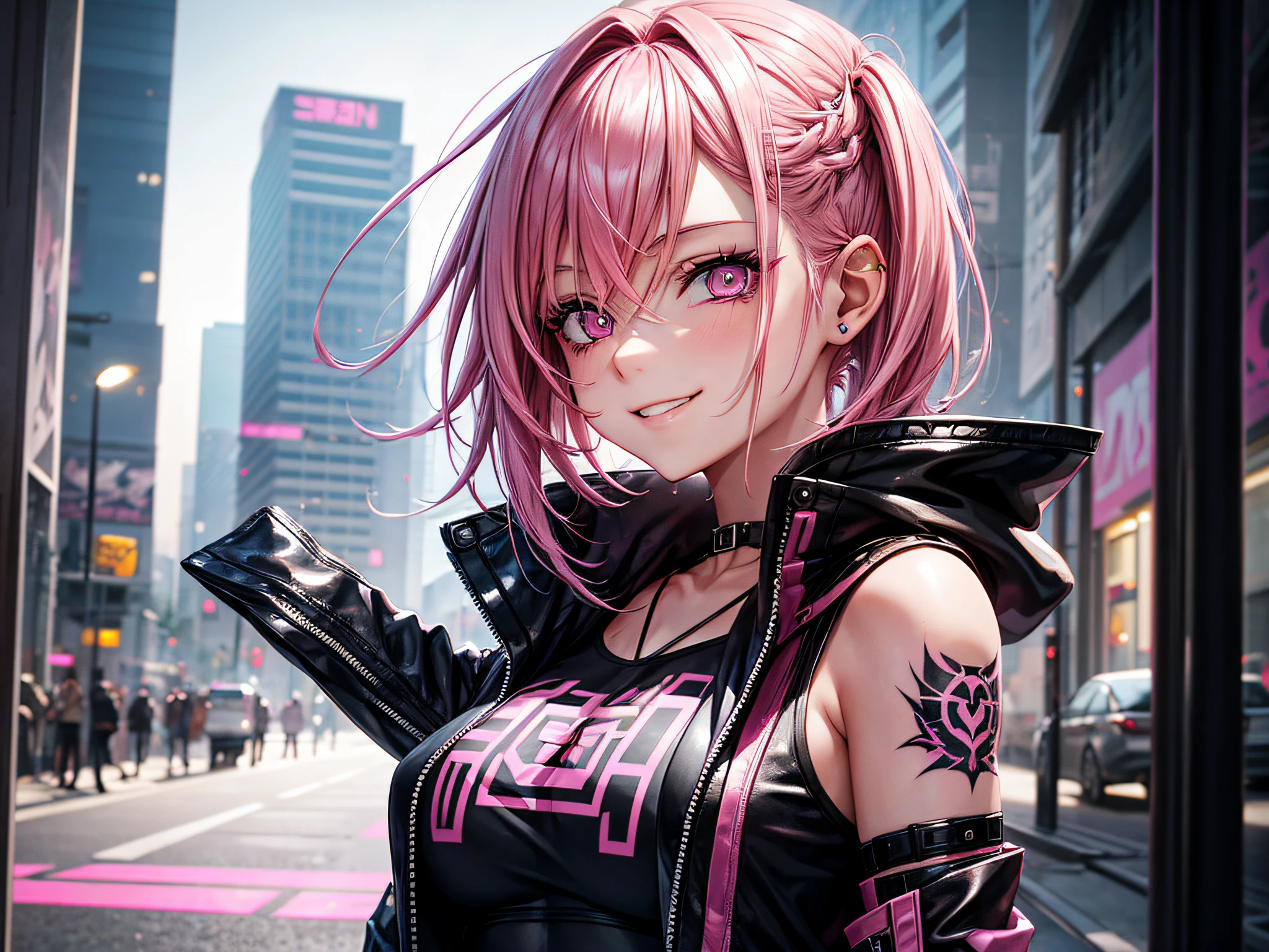 a girl with pink hair and pink eyes, schwarzes Tuch tragen. has tattoos on both arms and under the chest. Cyberpunk-Stadt, Portra Photo, Smileing, zwinkernd, jacke, Top, zieht top nach oben