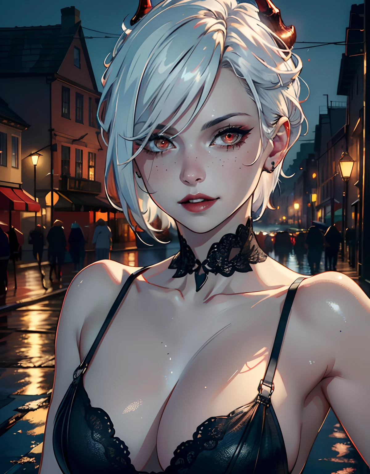 (best quality,4k,8k,highres,masterpiece:1.2), ultra-detailed, (realistic,photorealistic,photo-realistic:1.37), portraits, white hair, short hair, red eyes, pale skin, devil horn, vampire, evil, hot mommy, ,face, in the night rain, collarbone, shoulder, vibrant colors, soft lighting