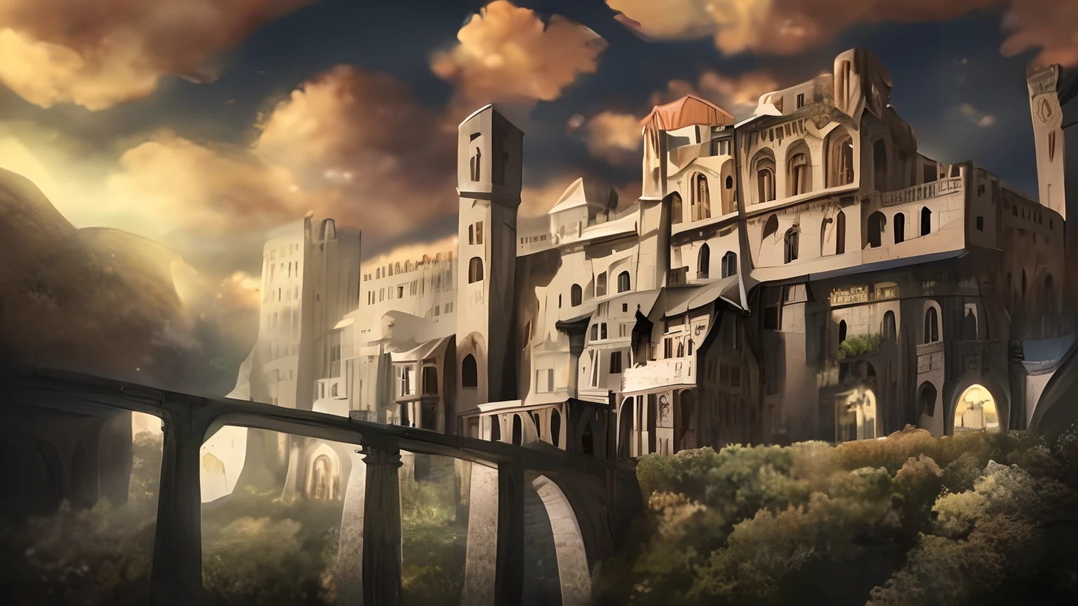 the anime, Medieval times, Ancient Roman style, The Silver Palace on the Hill, Low Palace, High Hill with Grass, Complex of buildings, 4 floors of the palace, Lots of windows, A sturdy thick stone bridge over the river, Beautiful, higly detailed, sunset sky, straight lines, Image clarity, tmasterpiece, warm colours