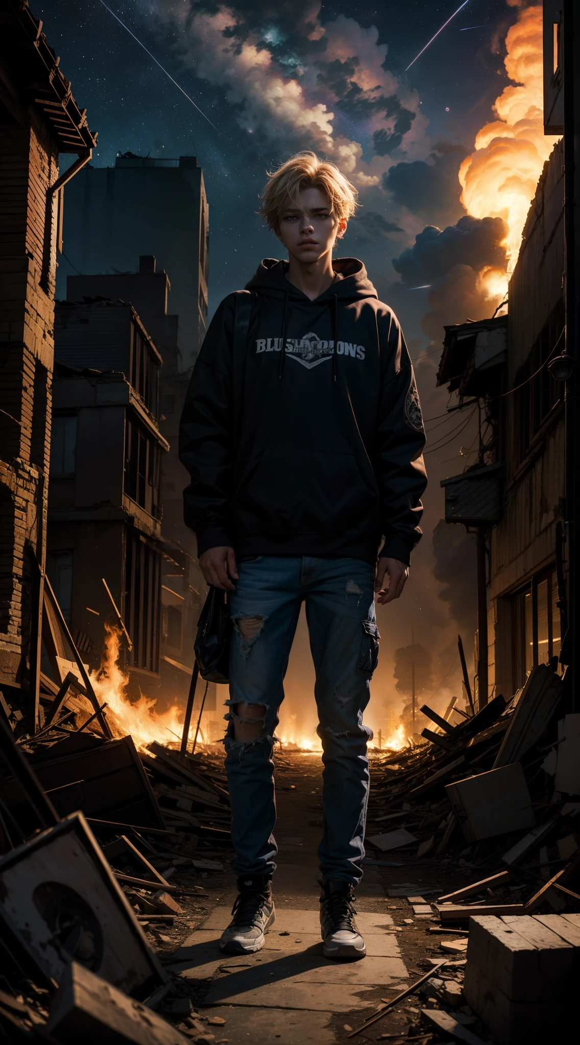 Masterpiece, high quality, absurdes, a guy, blonde hair, detailed eyes and face, blue eyes, handsome face, black hoodie, burning town ruins, abandoned suburban town, meteor shower, at night, chaos, panic, apocalyptic atmosphere, winged figure in the sky