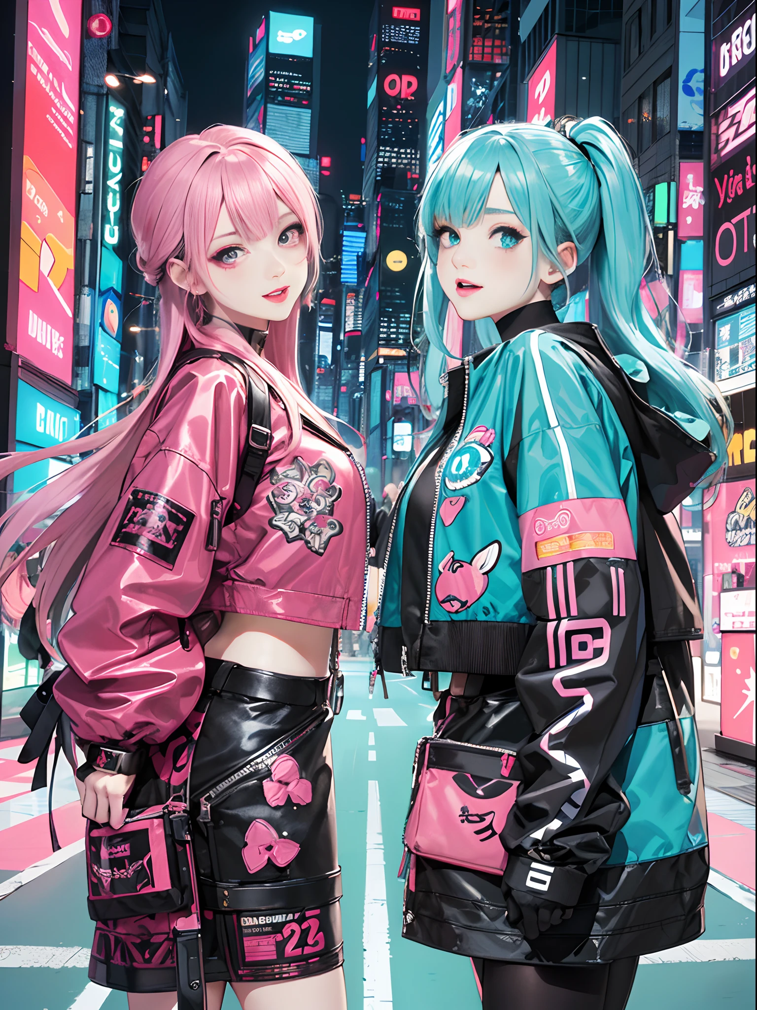 An anime illustration of 2 girls, confident cyberpunk girls with smiling expression, ((Harajuku-inspired pop outfit and tech jacket)), bold colors and patterns, eye-catching accessories, trendy and innovative hairstyle, vibrant makeup, ((dynamic pose)), futuristic dazzling Cyberpunk cityscape, skyscrapers, neon signs, glowing LED lights, bright and vivid color scheme, anime, illustration, (beautiful detailed face), intricate details, ultra detailed.