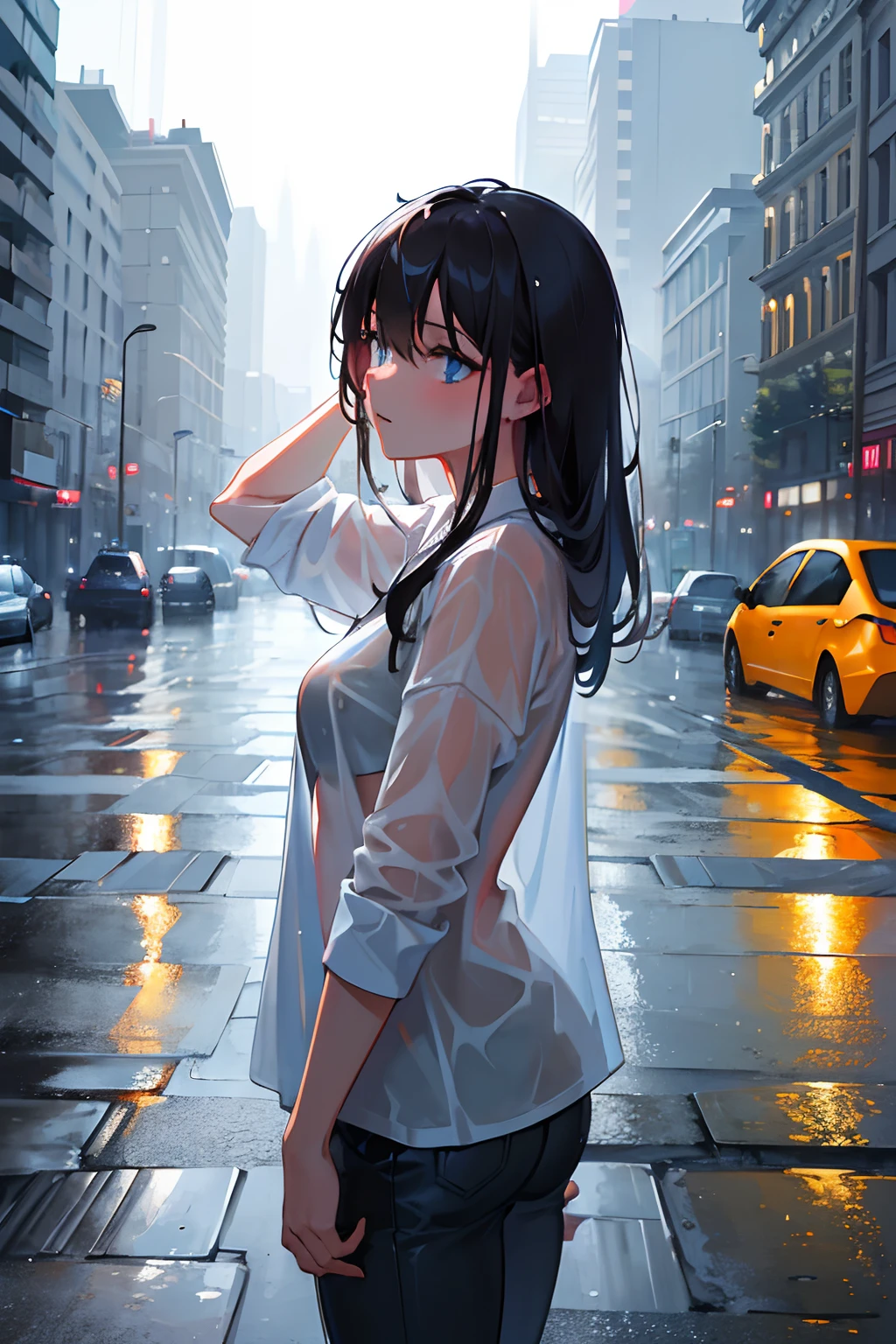 (best quality,highres),beautiful young woman in the rain,glowing wet skin,rain pouring down on her, wet t-shirt and pants,reflective puddles,shimmering drops of water,on a rainy street,moody atmospheric lighting,wind-blown hair,in motion,splashing water,romantic ambiance,wet grass,city lights reflecting on the rain,cityscape in the background,dramatic and dreamy,emotional expression,endless rain,the sound of raindrops hitting the ground