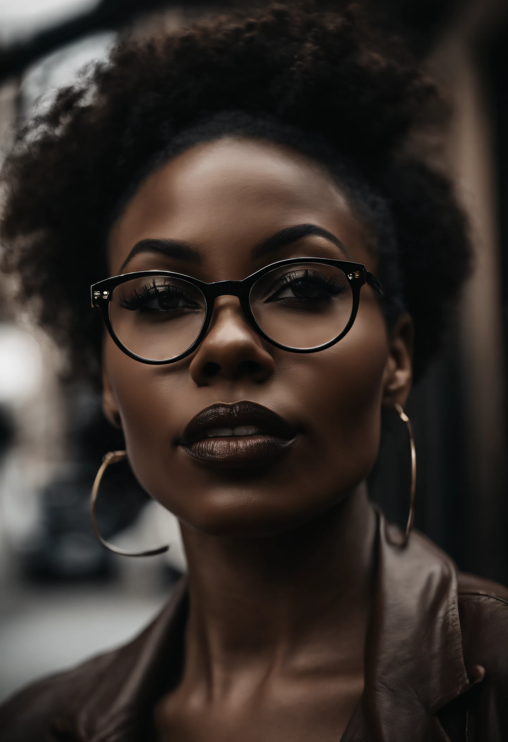 Black American woman, very sexy, style urbain et ultra tendance, yeux marrons claire, audacieuse, Medical glasses