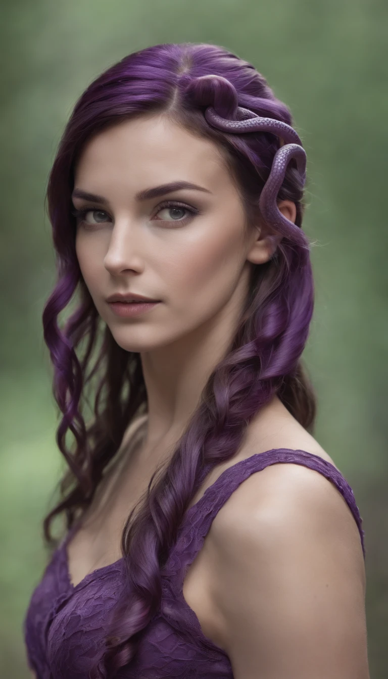 a girl with hair purple snakes  normal ouffit