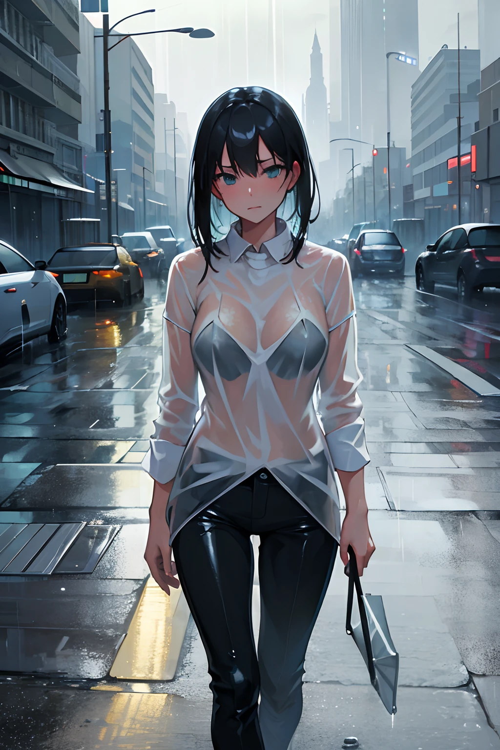 (best quality,highres),beautiful young woman in the rain,glowing wet skin,rain pouring down on her, wet t-shirt and pants,reflective puddles,shimmering drops of water,on a rainy street,moody atmospheric lighting,wind-blown hair,in motion,splashing water,romantic ambiance,wet grass, park lights reflecting on the rain,cityscape in the background,dramatic and dreamy,emotional expression,endless rain,the sound of raindrops hitting the ground