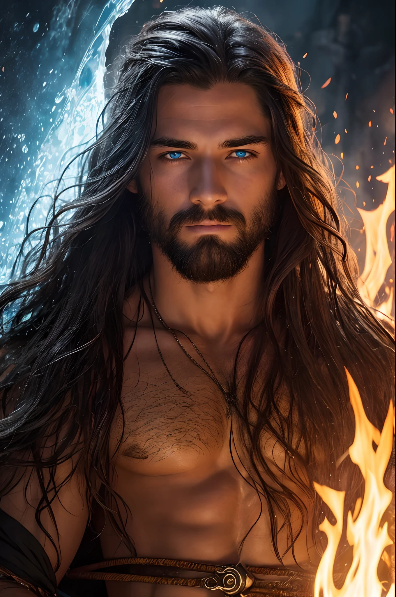 water man, with water hair and eyes, a portrait of a fire sorcerer, realistic portrait, fantasy male portrait, ultra-realistic, ultra-detailed
