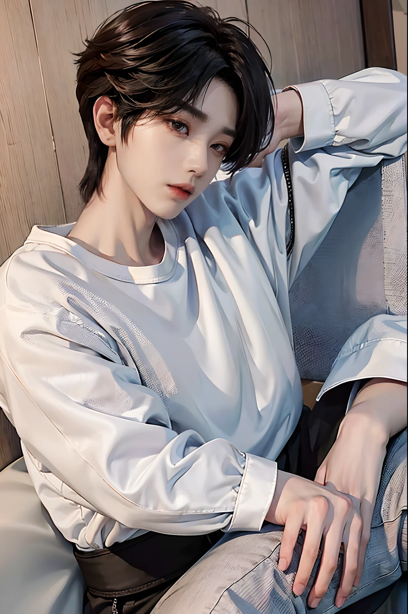 masterpiece、(top-quality)、((high-level image quality))、One Manly Boy、Slim body、((White Y-shirt and long black pants))、(Detailed beautiful eyes)、September Night Road、sitting on a curb、Face similar to Chaewon in Ruseraphim、((short hair above the ears))、((Smaller face))、((Neutral face))、((Light brown eyes))、((Korean boy))、((18year old))、((Handsome man))、((Wild look))、((Korean Makeup))、((elongated and sharp eyes))、((Sit next to the viewer))、((shot from a side angle))、((The upper part of the body))、((Close-range shooting))