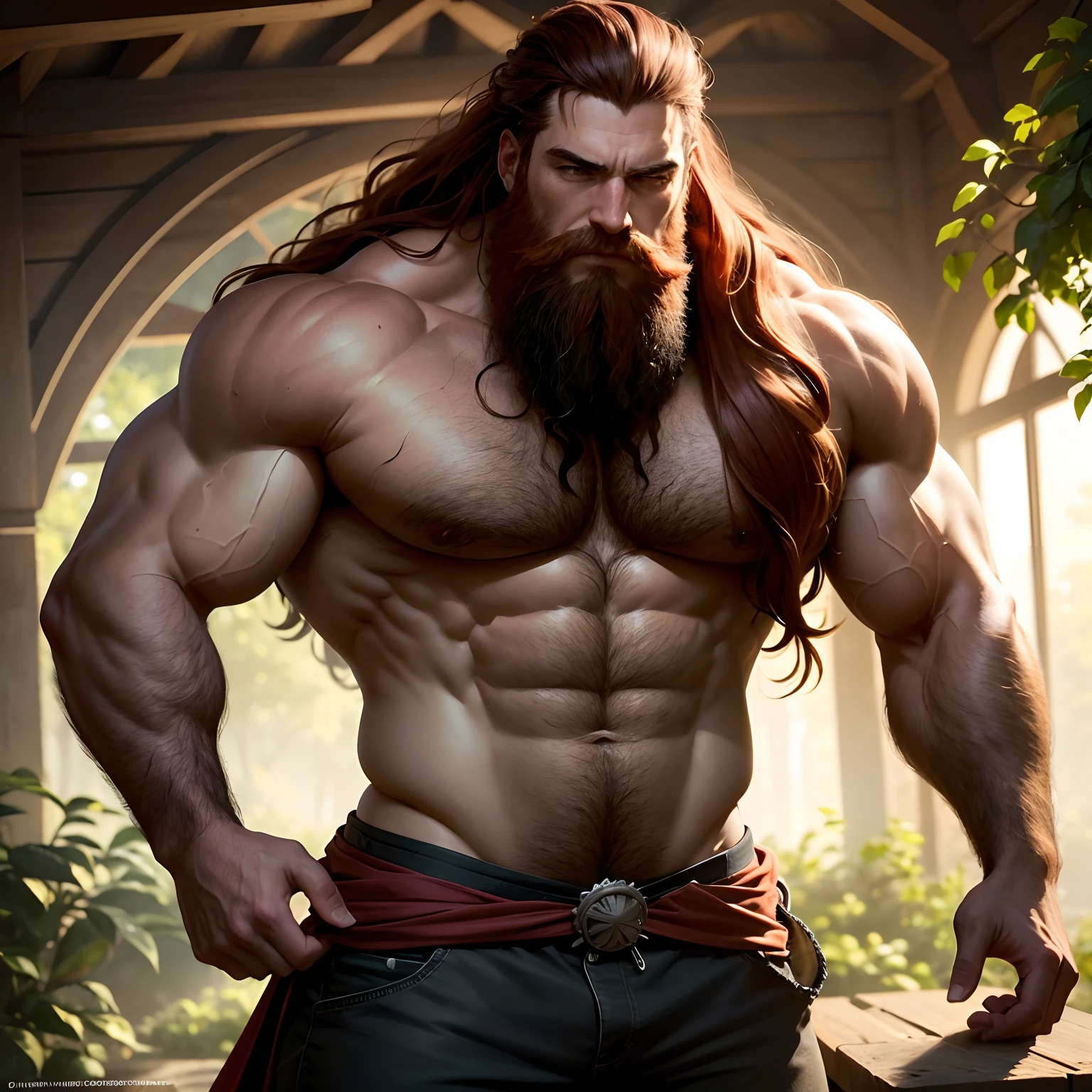(best quality,highres,ultra-detailed:1.2), muscular giant man with long red hair and long beard in a tight torn shirt, hairy, rugged look, intense gaze, standing in a garden, surrounded by vibrant flowers and lush greenery, sunlight streaming through the trees, creating a warm and inviting atmosphere, dramatic shadows highlighting the contours of his defined muscles, a sense of power and strength emanating from his presence, strong winds blowing, causing his hair and beard to flow in the breeze, adding a dynamic element to the scene, a sense of wildness and untamed energy, capturing the essence of masculinity and raw power, the colors in the scene are rich and vibrant, with deep reds and greens dominating the palette, creating a visually striking contrast, the lighting is soft and warm, casting a gentle glow over the man's face and body, emphasizing his features and adding depth to the overall composition.