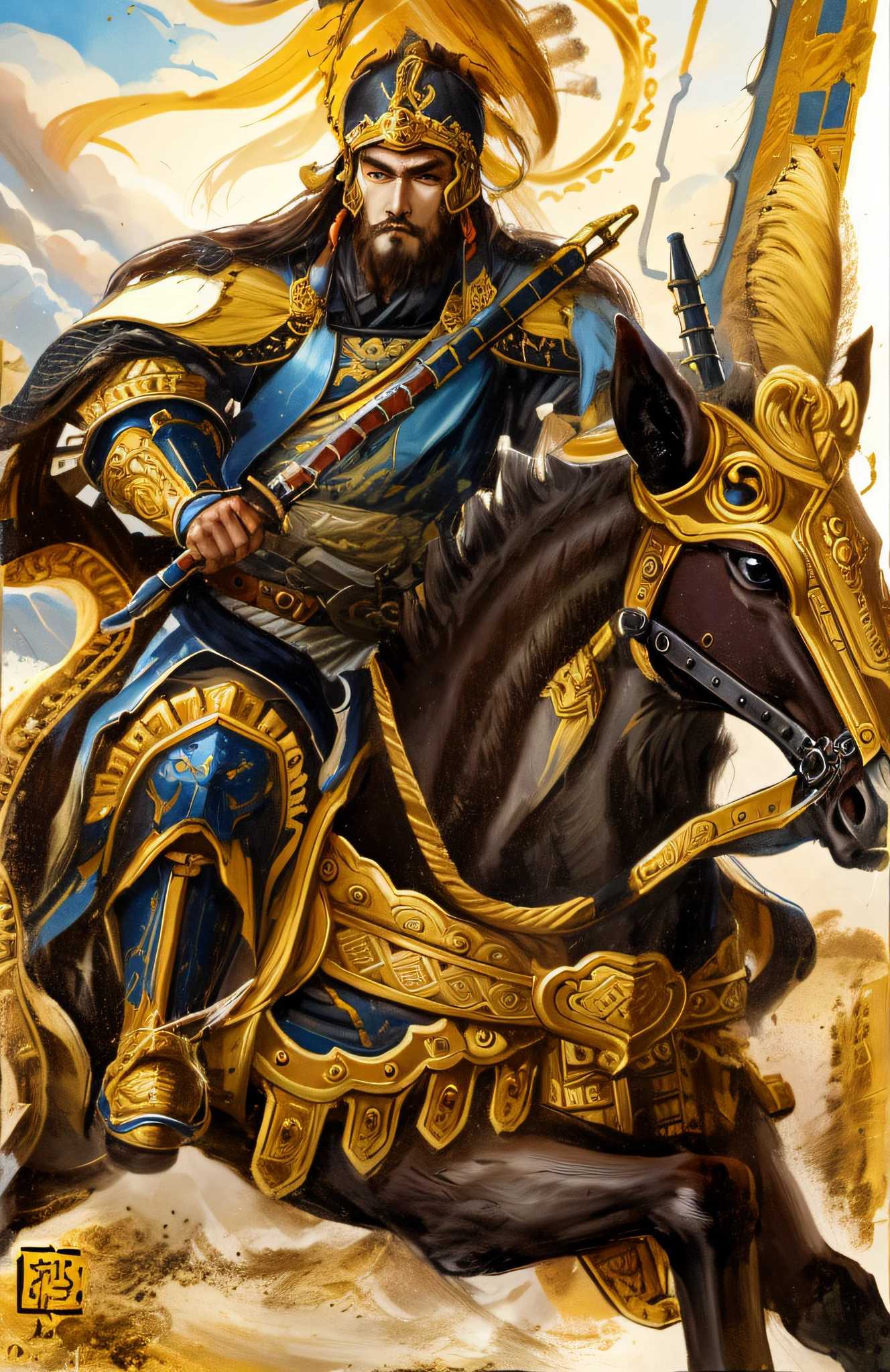 Commanded by the Song Dynasty army，Riding an ironclad war horse，Brown mink cloak in golden armor，Behind it is a flag of a marshal, Photos of strong generals riding horses, full-colour illustration, atlantean warrior, inspired by Li Kan, tai warlord, epic full color illustration, Snoop dogs as barbarians, ancient warrior, Chinese Warrior, naranbaatar ganbold, Bandits, zhangfei