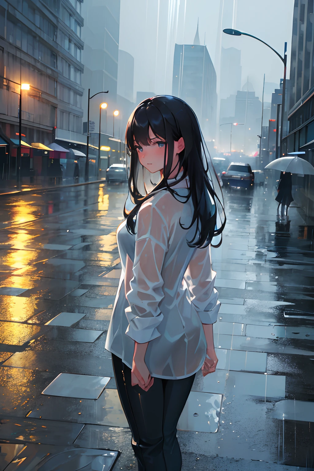 (best quality,highres),beautiful young woman in the rain,glowing wet skin,rain pouring down on her, wet t-shirt and pants,reflective puddles,shimmering drops of water,on a rainy street,moody atmospheric lighting,wind-blown hair,in motion,splashing water,romantic ambiance,wet grass, park lights reflecting on the rain,cityscape in the background,dramatic and dreamy,emotional expression,endless rain,the sound of raindrops hitting the ground