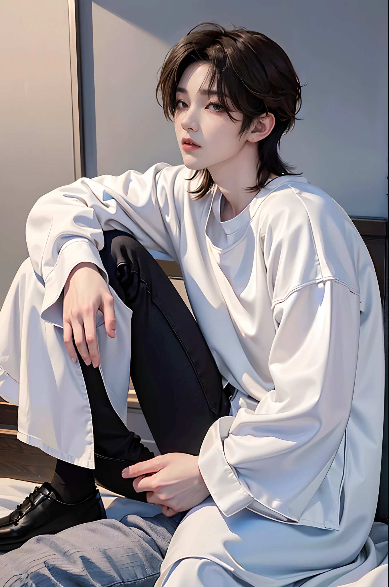 ​masterpiece、（top-quality)、((high-level image quality))、One Manly Boy、Slim body、((White Y-shirt and long black pants))、(Detailed beautiful eyes)、September Night Road、sitting on a curb、Face similar to Chaewon in Ruseraphim、((short hair above the ears))、((Smaller face))、((Neutral face))、((Light brown eyes))、((Korean boy))、((18year old))、((Handsome man))、((Wild look))、((Korean Makeup))、((elongated and sharp eyes))、((Sit next to the viewer))、((shot from a side angle))、((The upper part of the body))、((Close-range shooting))