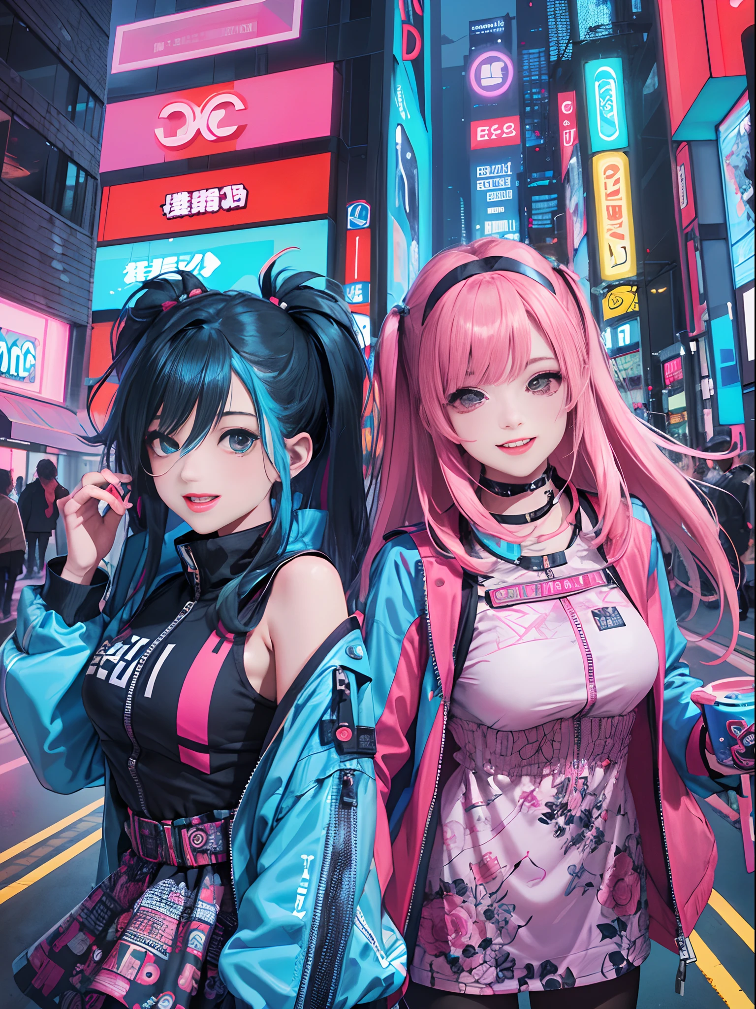 An anime illustration of 2 happy cyberpunk girls, confident cyberpunk girls with smiling expression, ((Harajuku-inspired pop outfit and tech jacket)), bold colors and patterns, eye-catching accessories, trendy and innovative hairstyle, vibrant makeup, ((dynamic pose)), futuristic dazzling Cyberpunk cityscape, skyscrapers, neon signs, glowing LED lights, bright and vivid color scheme, anime, illustration, (beautiful detailed face), intricate details, ultra detailed.