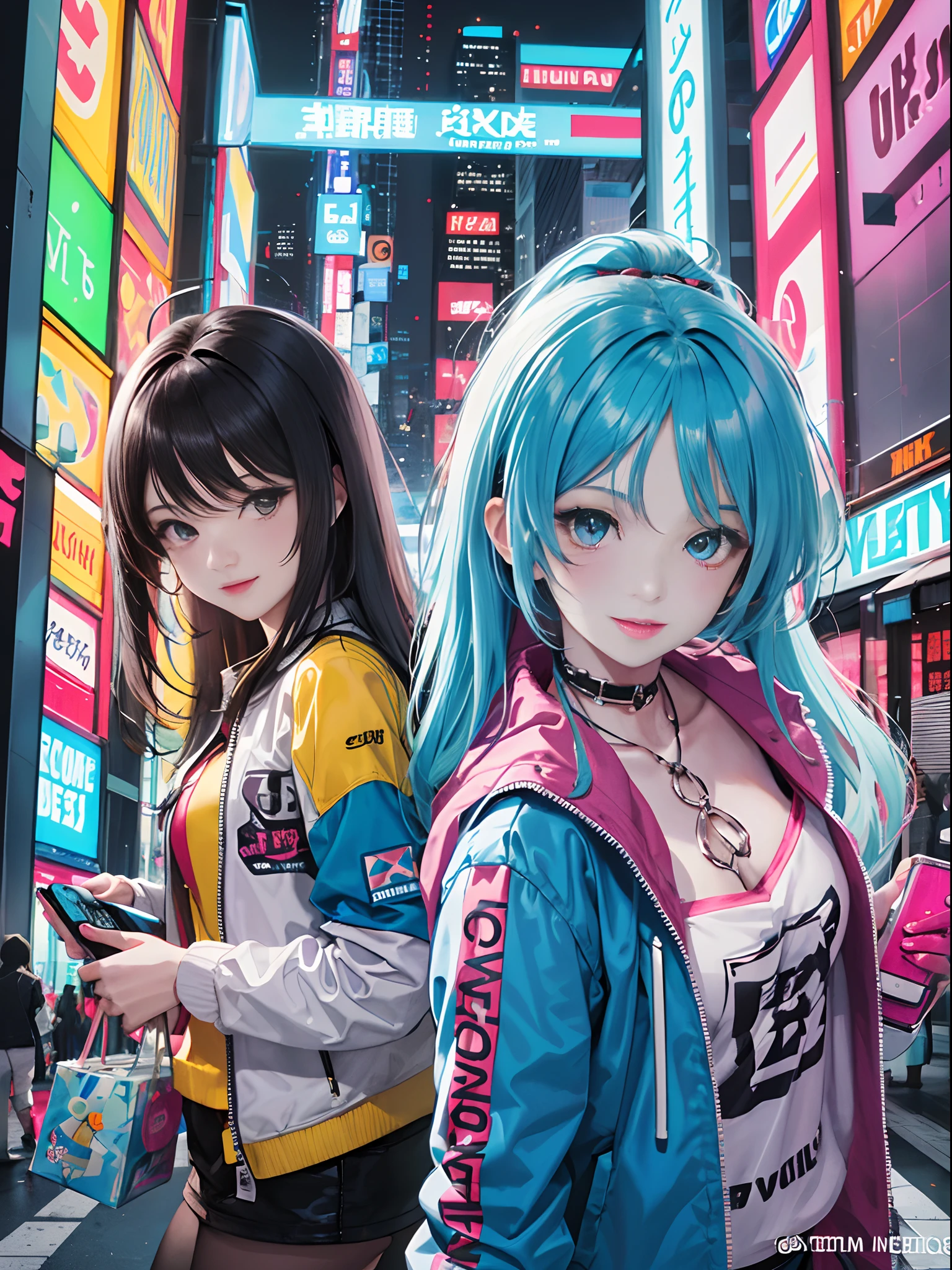 An anime illustration of 2 happy cyberpunk girls, confident cyberpunk girls with smiling expression, ((Harajuku-inspired pop outfit and tech jacket)), bold colors and patterns, eye-catching accessories, trendy and innovative hairstyle, vibrant makeup, ((dynamic pose)), futuristic dazzling Cyberpunk cityscape, skyscrapers, neon signs, glowing LED lights, bright and vivid color scheme, anime, illustration, (beautiful detailed face), intricate details, ultra detailed.