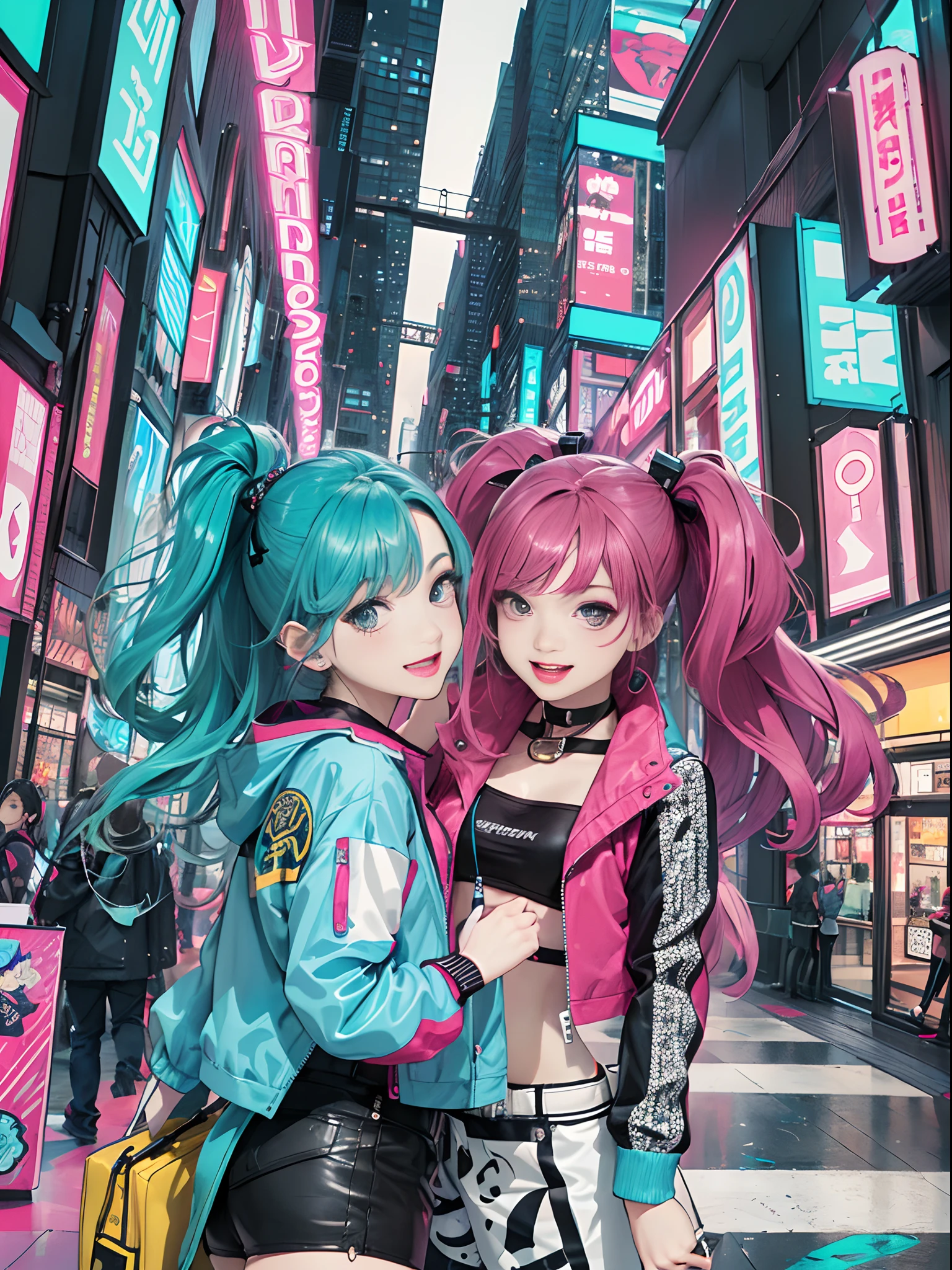 An anime illustration of 2 happy cyberpunk girls, confident cyberpunk girls with smiling expression, ((Harajuku-inspired pop outfit and tech jacket)), bold colors and patterns, eye-catching accessories, trendy and innovative hairstyle, vibrant makeup, ((dynamic pose)), futuristic dazzling Cyberpunk cityscape, skyscrapers, neon signs, glowing LED lights, bright and vivid color scheme, anime, illustration, (beautiful detailed face), intricate details, ultra detailed.