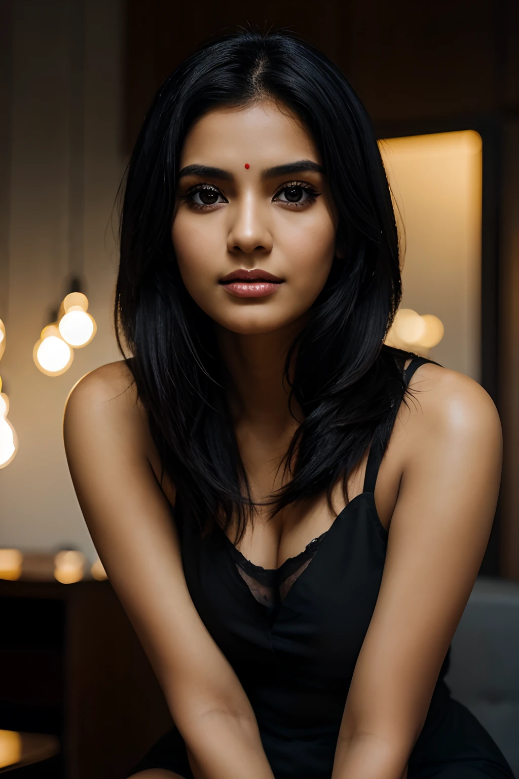 RAW Photo, DSLR BREAK (kkw-ph1:0.9) BREAK half body portrait of 1 young 25yo woman, black hair, wearing torn dress, perfect eyes, perfect lips, perfect nose, professional color graded, wonderful woman, dark background, cute woman, medium tits, Indian , Indian woman, Indian girl, Pinay, torn dress