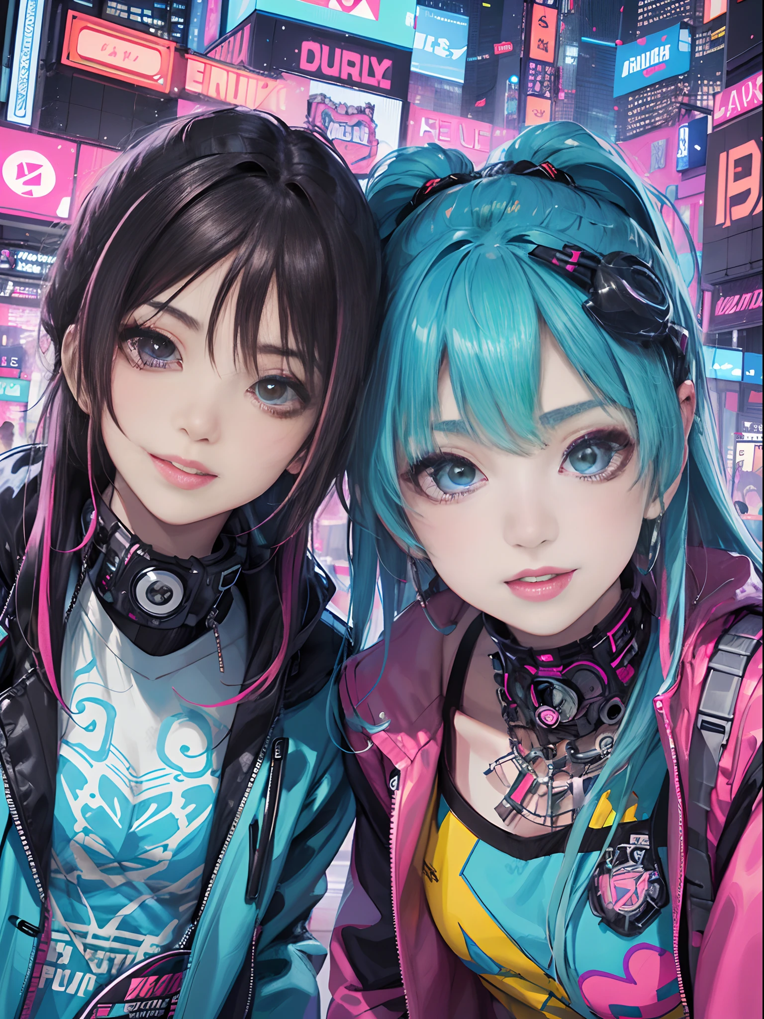 An anime illustration of 2 happy cyberpunk girls, confident cyberpunk girls with smiling expression, ((Harajuku-inspired pop outfit and tech jacket)), bold colors and patterns, eye-catching accessories, trendy and innovative hairstyle, vibrant makeup, ((dynamic pose)), futuristic dazzling Cyberpunk cityscape, skyscrapers, neon signs, glowing LED lights, bright and vivid color scheme, anime, illustration, (beautiful detailed face), intricate details, ultra detailed.