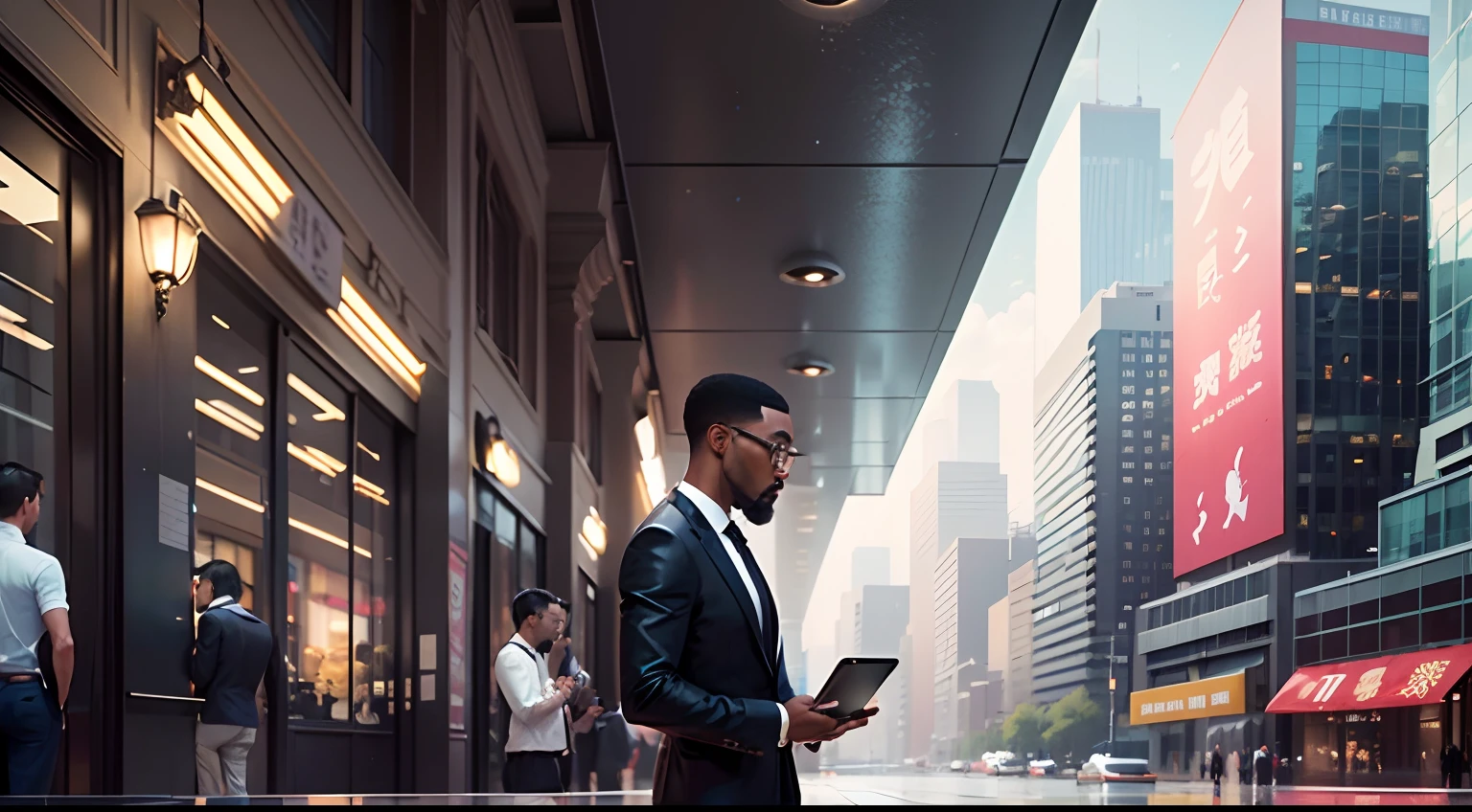 ((Masterpiece, Best quality)), a well-dressed black man socializing with a well-dressed Chinese man with an iPad in his hand, Parler dans un environnement boursier futuriste, Paysage urbain futuriste, Realstic, 8k, 4K, .RAW, Fujifilm, Norme ISO 100, F16