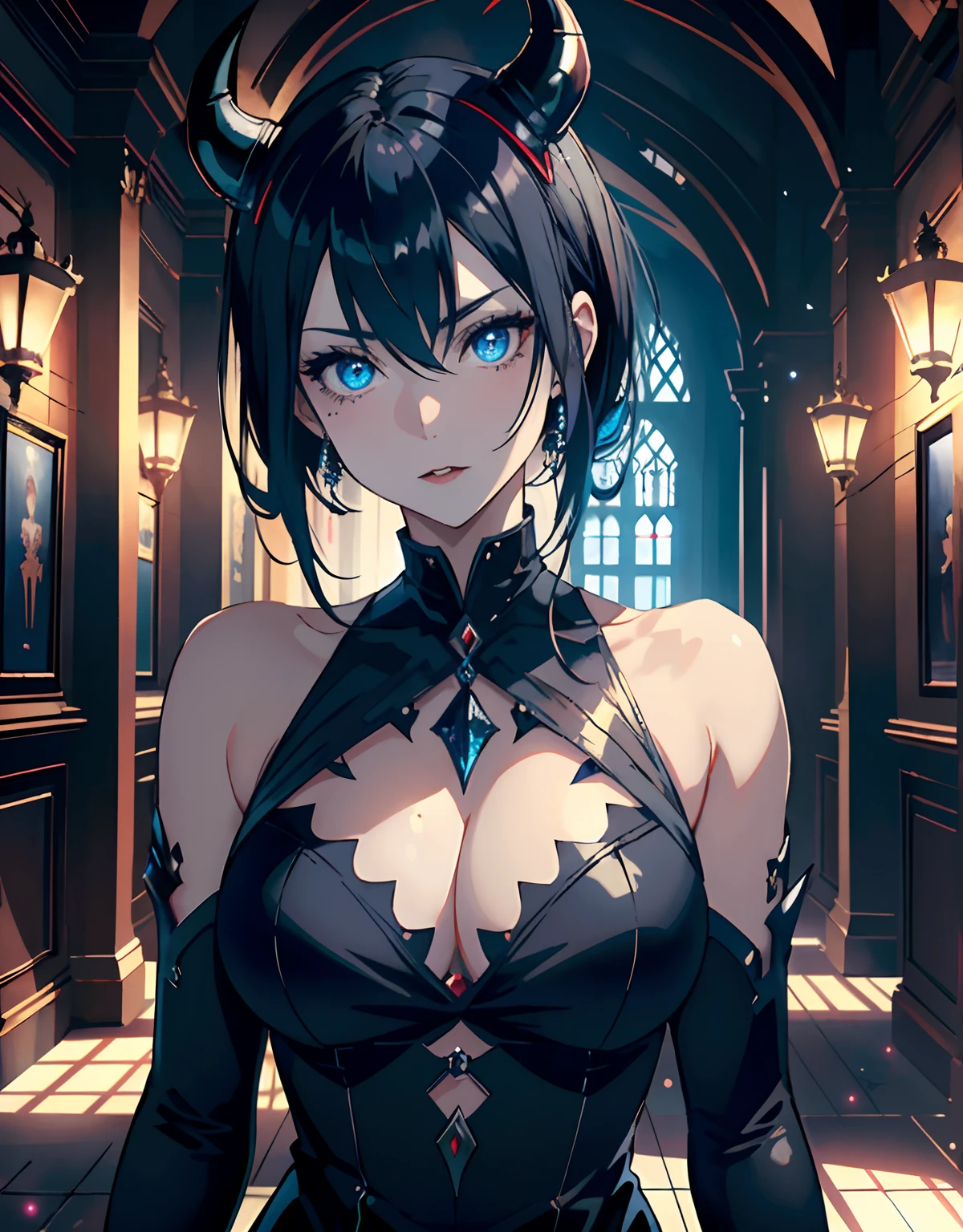 ((masterpiece, best quality)), (1girl, anime girl in dark castle hall),(mature, devil horn), (solo), (female focus), (black hair),ice blue eyes, (black dress, vampire)), pale skin, evil, vicious, portraits, close up, upper body, vibrant colors, soft lighting