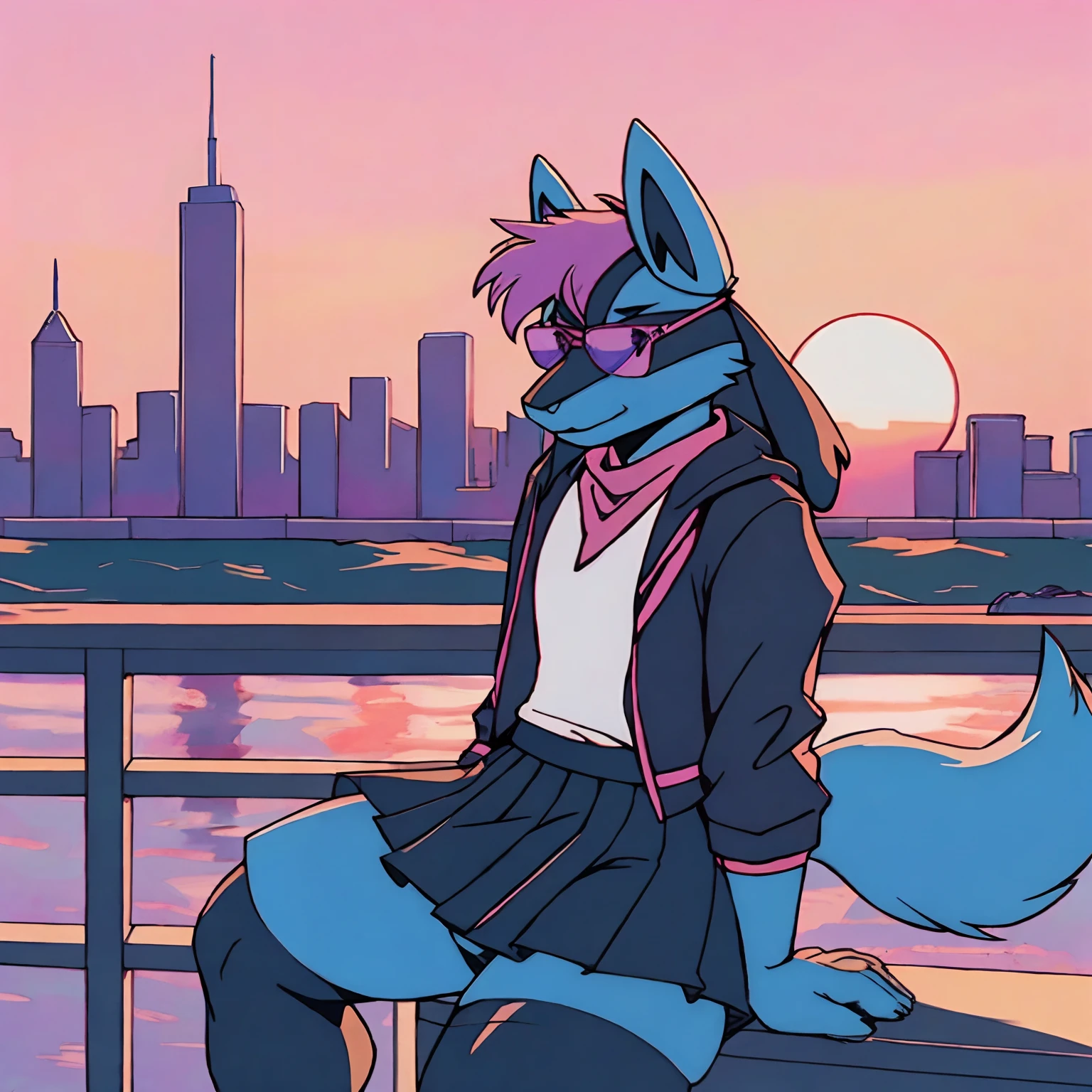 Mute pastel colors, Smooth photos, Retro soul, 1990s animation, 1980s animation, Retro soul, Retro anime style, Masterpiece, Best Quality, Lucario, furry, solo female, Lucario Pokémon, skirt, thigh high socks, black oversized hoodie, Retro Lucario fanart, 1990s anime, retro animation, transgender women, sunset over city background, very detailed background, bandana, white chest spike, pink eyes, high definition eyes, very detailed eyes, chubby, small amount of pink hair on top of head with purple highlights, blue fur, cute bandana, trans flag bandana, picturesque background, 1 horizon line, rose tinted rimless glasses, gradient rose tinted glasses, perfect background, beautiful background, black jacket