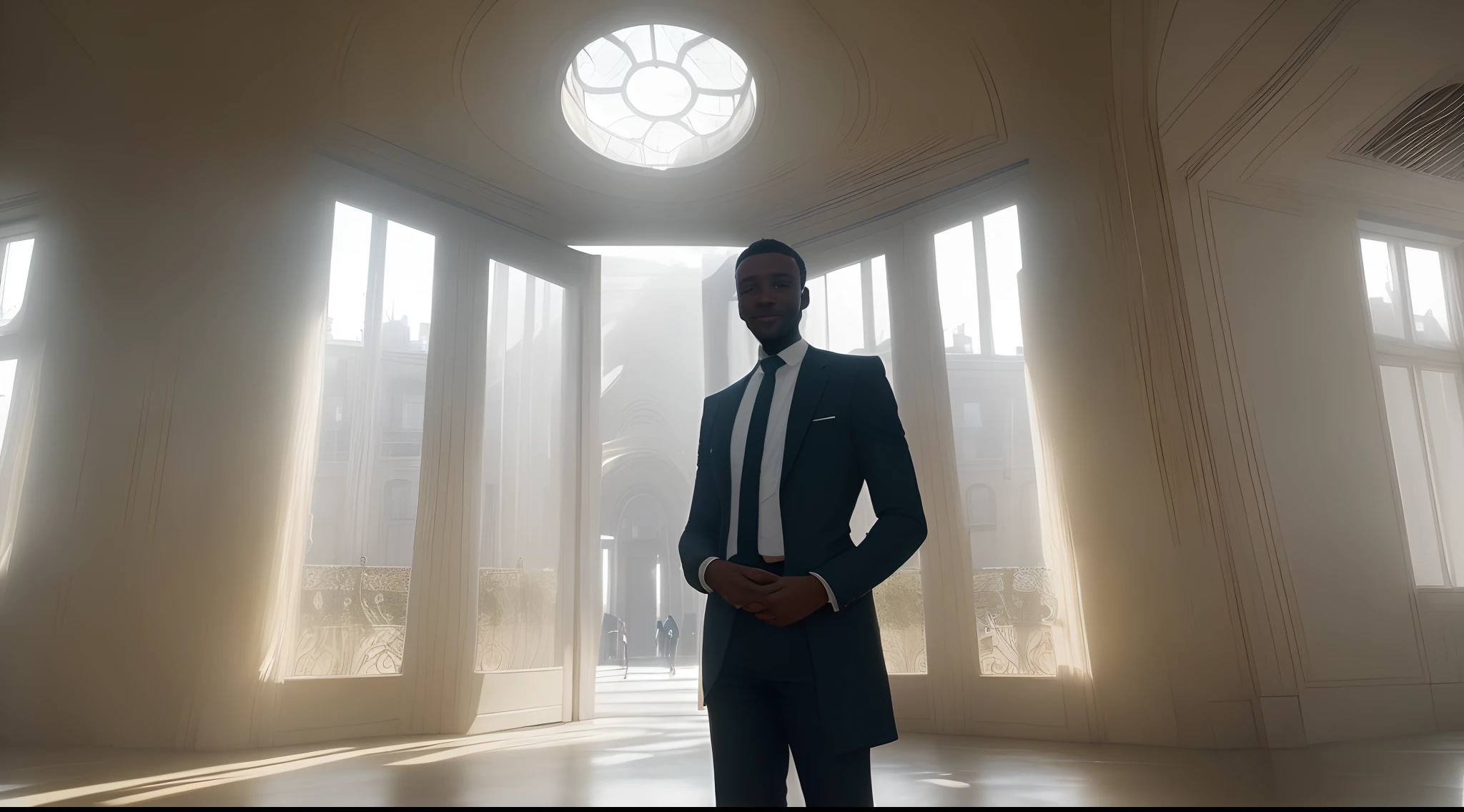 An African concierge stands at the entrance of a large building built in the 1970s in Gennevilliers, france. It's a beautiful day, mais le sol est sale. The man smiled with joy. (Best quality, 4K, high resolucion, Masterpiece:1.2), Ultra-detailed, Realstic:1.37, Couleurs vives, Hdr, studio lighting, environnement propre, stained concrete floors, Sunlight passing through windows, Well-maintained façade, professionnel, peaceful atmosphere, Vibrations sereines, Architectural details, Lively sounds of the city in the background, air frais, Des notes de verdure, paysage urbain lointain, Slight glare on windows,