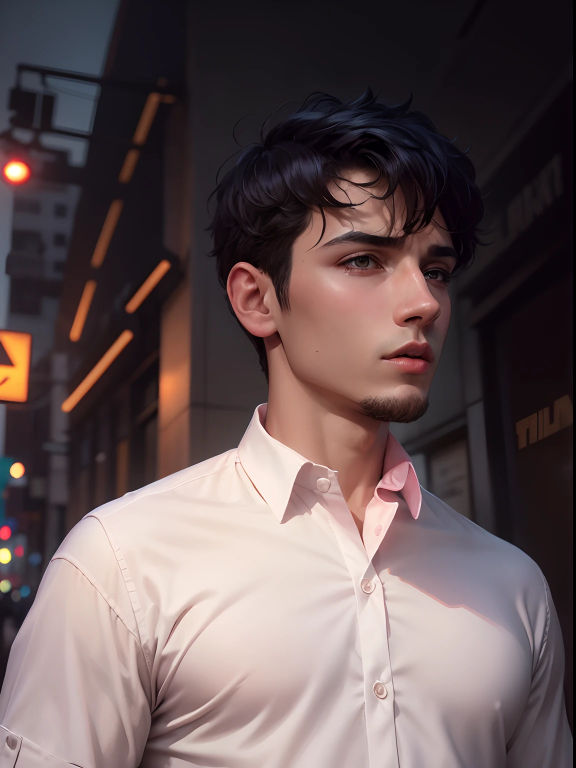 A solo boy, top in ear, make full picture, a boy with white cotton shining shirt, normal body, change background in neon red street, black hair, macdonald in background, realistic look, 8k 4k, HD, Full HD, Full realistic look, background matching with real background, Dot shirt, light pink lips,