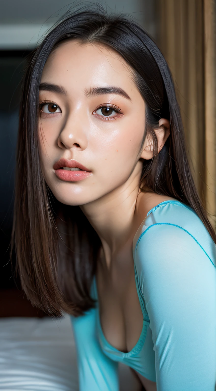 (Photorealistic, Raw photo, Highest Quality, masterpiece, Best Quality, Perfect body, Detailed beautiful face, of the highest quality, K huge file size, Super Detail, High resolution, Very detailed, Highly detailed, 8K Wallpaper, Detailed beautiful skin), Slim Girl Model, 24 year old female model, SEX, (vaginal :1.2), Spread legs, wide-open legs, bent forward, In a dark bedroom, At night, (Sexy Nightshirt), (Lift Shirt:1.3), (Small breasts), (faceless male on face:1.3), POV, (From below)