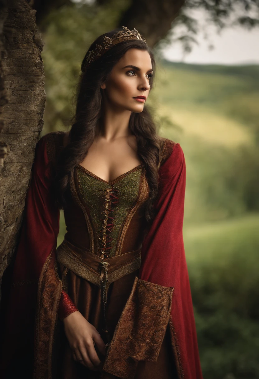 Mulher com roupa medieval com arco e flecha