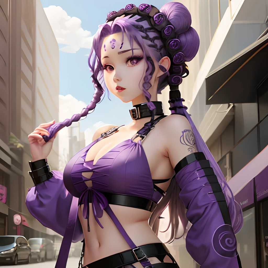 a gorgon girl with purple hair snakes anime style modern ouffit