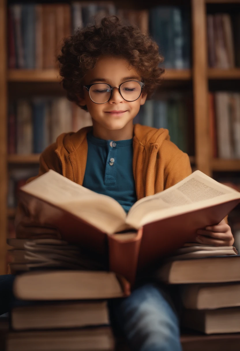 (best quality,highres,masterpiece:1.2),ultra-detailed,realistic,portrait,boy reading a book,"alive" book,curly hair,expressive face,a pair of spectacles,gentle smile,concentrated expression,cozy reading nook,colorful illustrations,vibrant colors,filled bookshelves,soft lighting,peaceful atmosphere