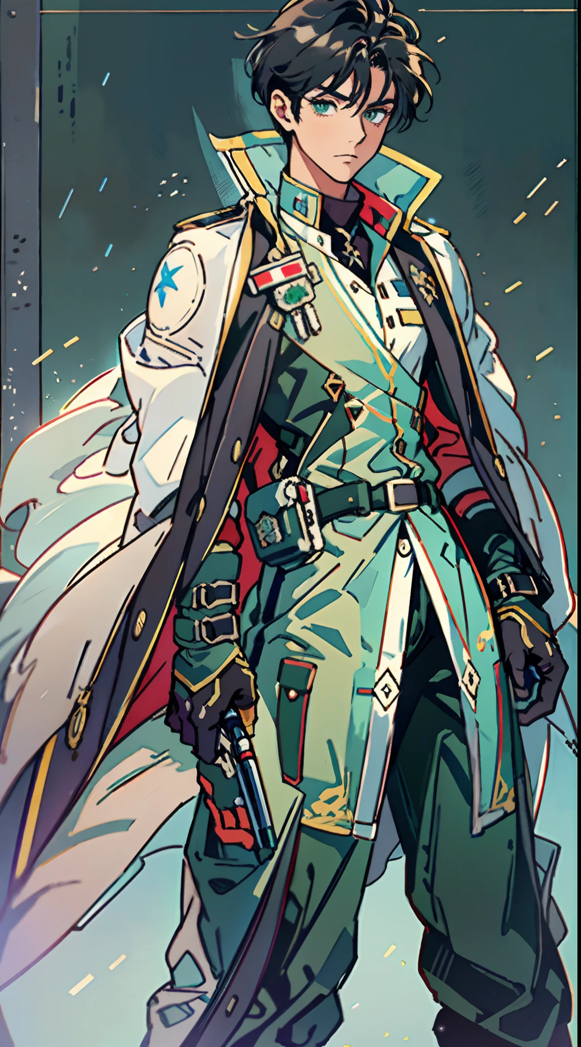1 man, a man with black short hair, a beret on his head, icy and resolute eyes, a refined face, no expression, wears a two-piece futuristic military-style outfit, tall and slender, wears a light-colored Chinese-style undershirt, a short cape, primarily in shades of green and white, accented by touches of red and yellow, wears dark pants, holds a futuristic-style long metal rod in his hands, set within the futuristic sci-fi atmosphere of a spaceship, this character embodies a finely crafted a futuristic sci-fi military officer in anime style, characterized by an exquisite and mature manga illustration art style, high definition, best quality, highres, ultra-detailed, ultra-fine painting, extremely delicate, professional, anatomically correct, symmetrical face, extremely detailed eyes and face, high quality eyes, creativity, RAW photo, UHD, 8k, Natural light, cinematic lighting, masterpiece:1.5