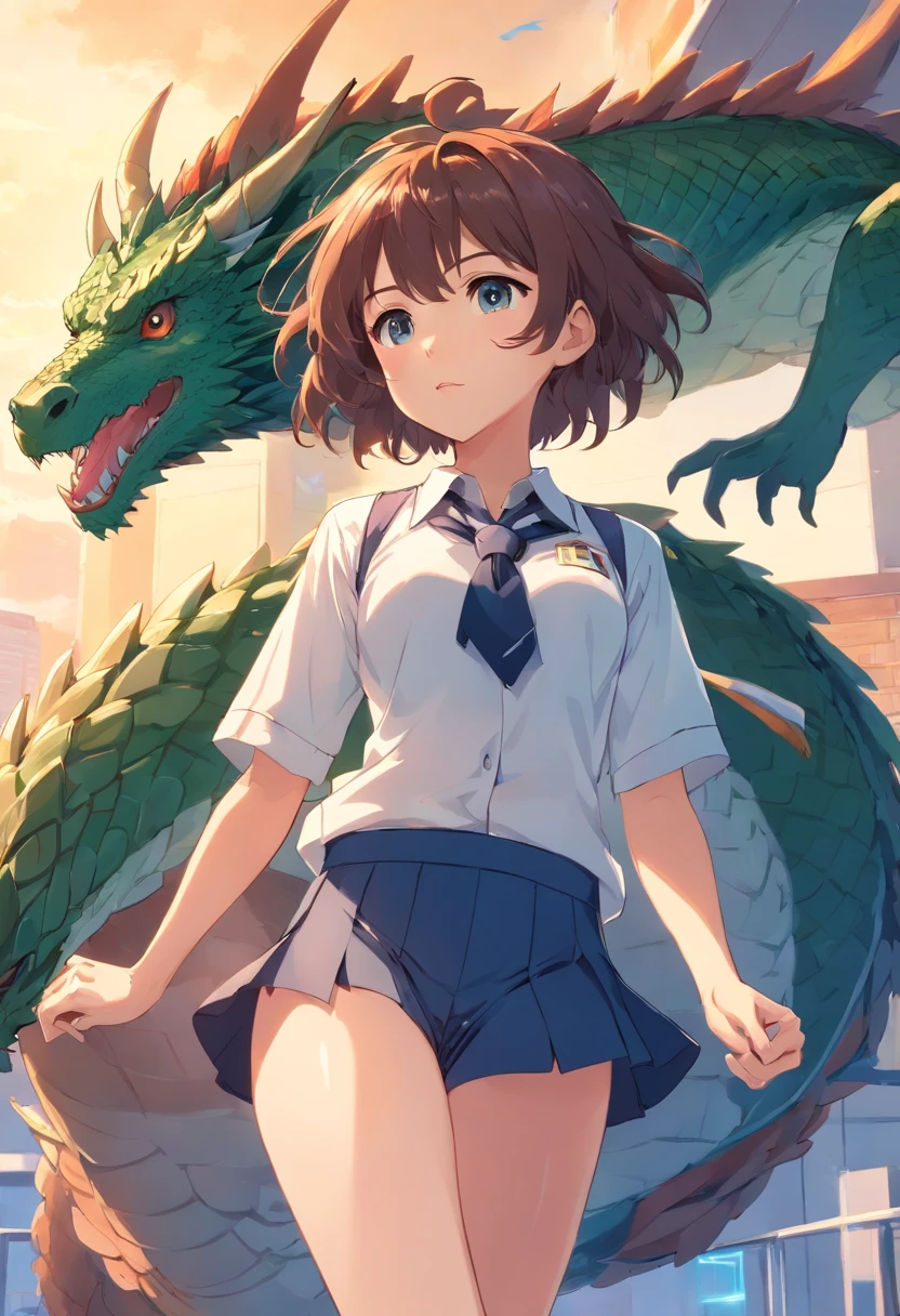 (master part), short hair, 1girl with dragon , curly hair, brat, high-school uniform, Panties, sexy