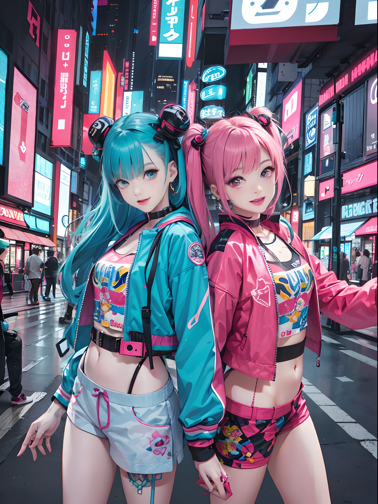 An anime illustration of 2 happy cyberpunk girls, confident cyberpunk girls with smiling expression, ((Harajuku-inspired pop outfit and tech jacket)), bold colors and patterns, eye-catching accessories, trendy and innovative hairstyle, vibrant makeup, ((dynamic pose)), futuristic dazzling Cyberpunk cityscape, skyscrapers, neon signs, glowing LED lights, bright and vivid color scheme, anime, illustration, (beautiful detailed face), intricate details, ultra detailed.