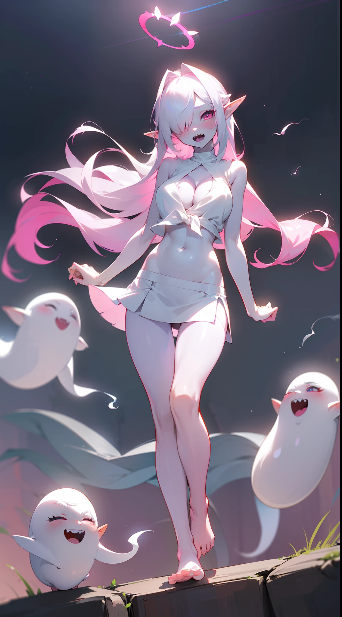 Original Character,8k, Masterpiece, Best Quality,Detailed, Beautiful Detailed Eyes,fine skin),,1vampire girl,solo,pink eyes,white hair, long hair,(((white skin,colored skin,hair over one eye,pink halo))),sharp teeth, open mouth,(large breasts),((show belly,white sleeveless and shoulderless t-shirt,cleavage,white skirt,bare foots,sexy,sensual,elf ear,blush)),((flying in sky in night in front of the moon,full body, cutes ghosts around)),night,(pink halo),white skin,colored skin,happy expression,smile