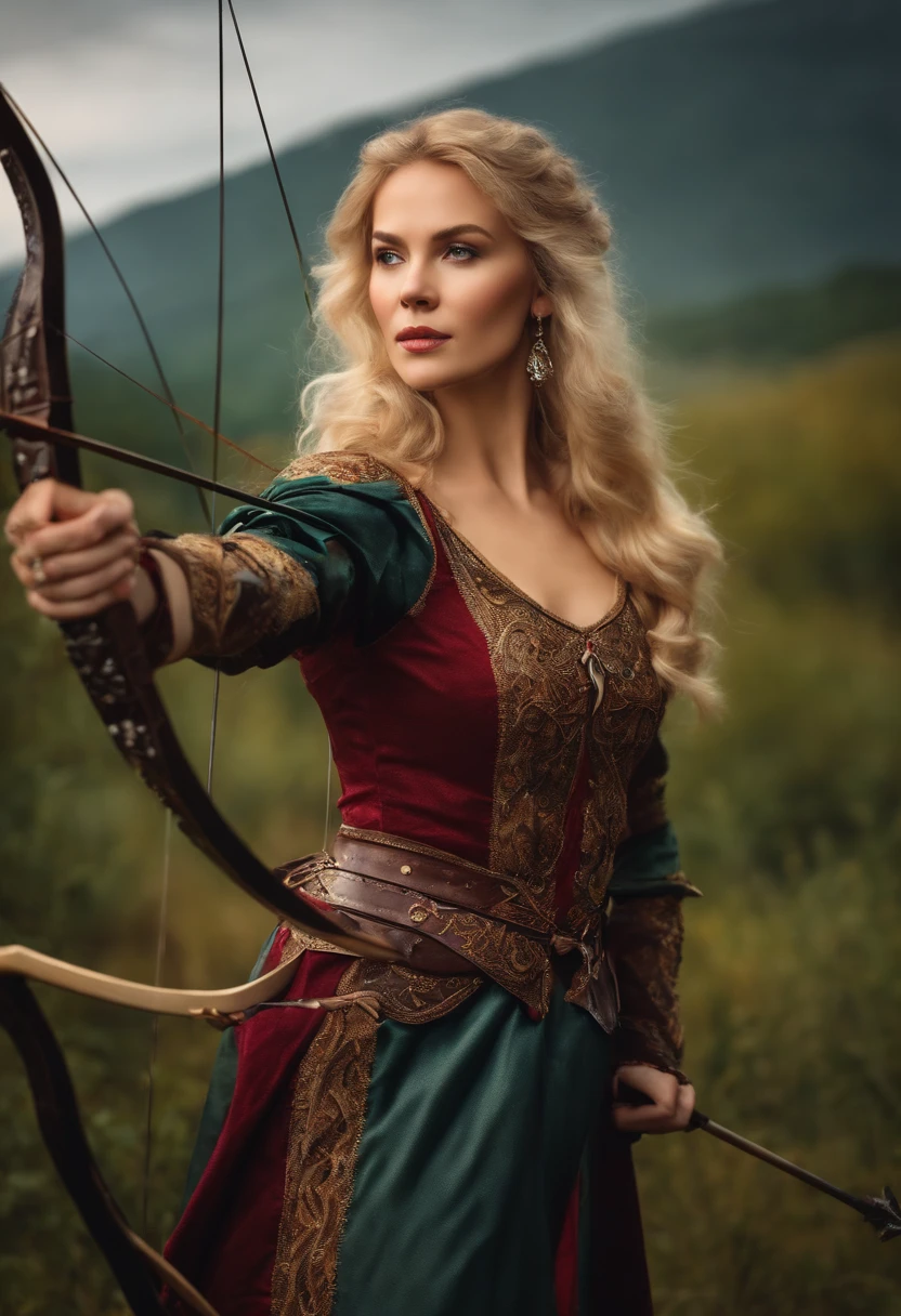 Blonde woman in medieval clothes with bow and arrow in hand