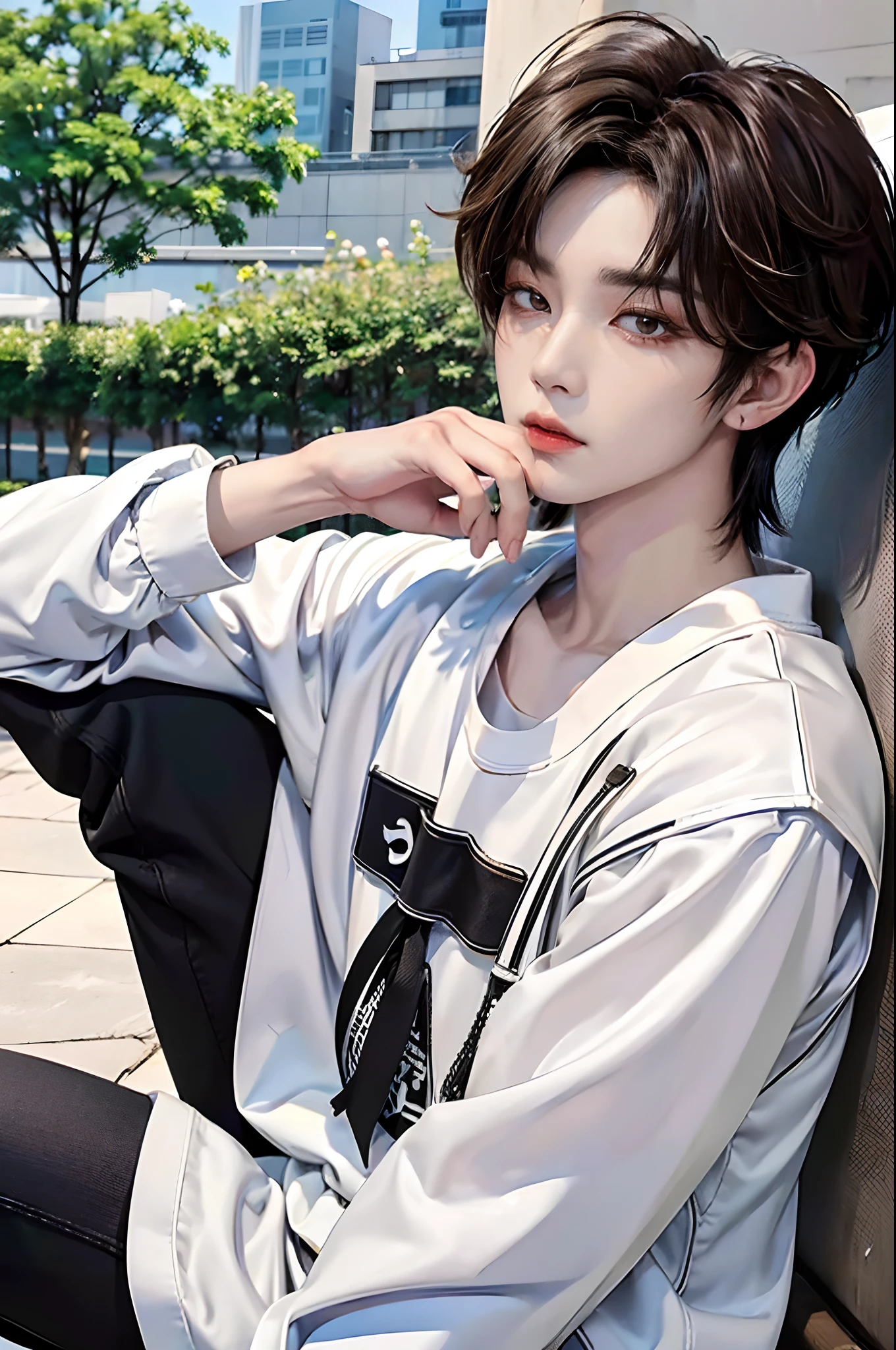 masterpiece、(top-quality)、((high-level image quality))、One Manly Boy、Slim body、((White Y-shirt and long black pants))、(Detailed beautiful eyes)、September Night Road、sitting on a curb、Face similar to Chaewon in Ruseraphim、((short hair above the ears))、((Smaller face))、((Neutral face))、((Light brown eyes))、((Korean boy))、((18year old))、((Handsome man))、((Wild look))、((Korean Makeup))、((elongated and sharp eyes))、((Sit next to the viewer))、((shot from a side angle))、((The upper part of the body))、((Close-range shooting))